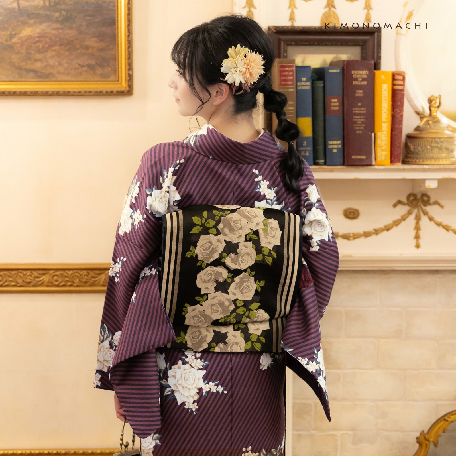 洗える着物 袷着物単品「ストライプブーケ プラム」KIMONOMACHI