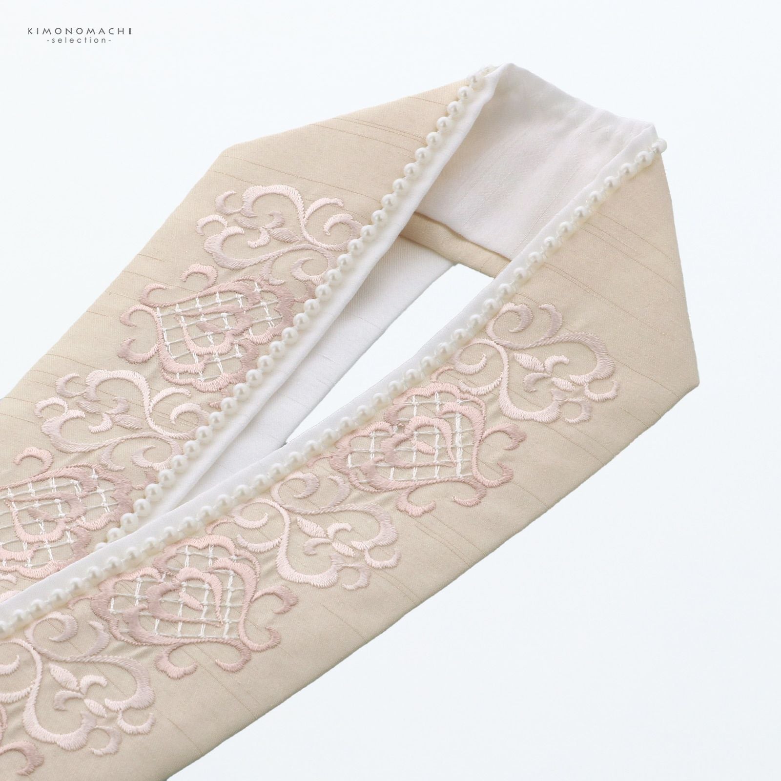 パール付き 重ね衿 伊達衿 単品「刺繍×パール ピンクベージュ」日本製