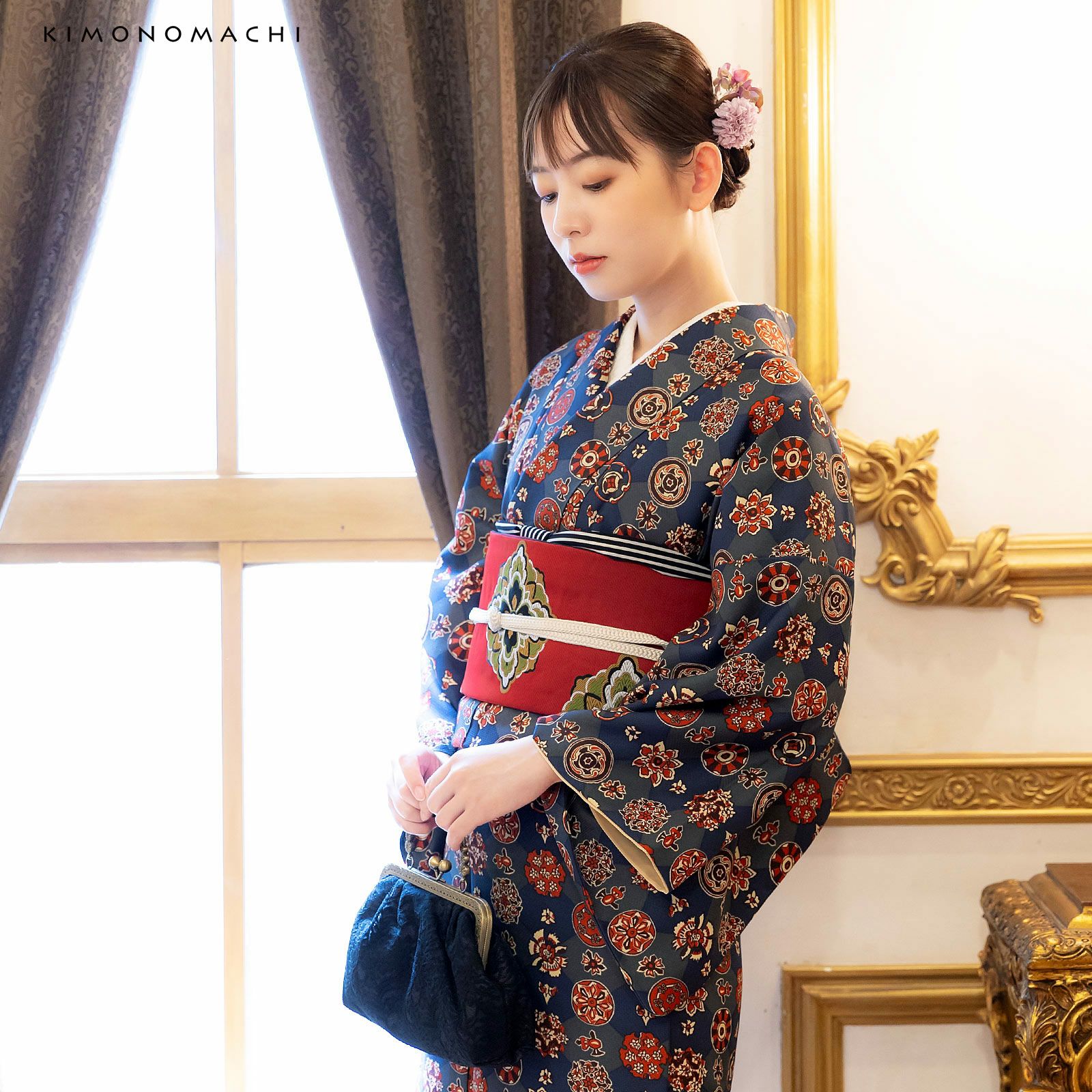 京袋帯 単品 数量限定 KIMONOMACHI オリジナル「赤 花菱」ポリエステル