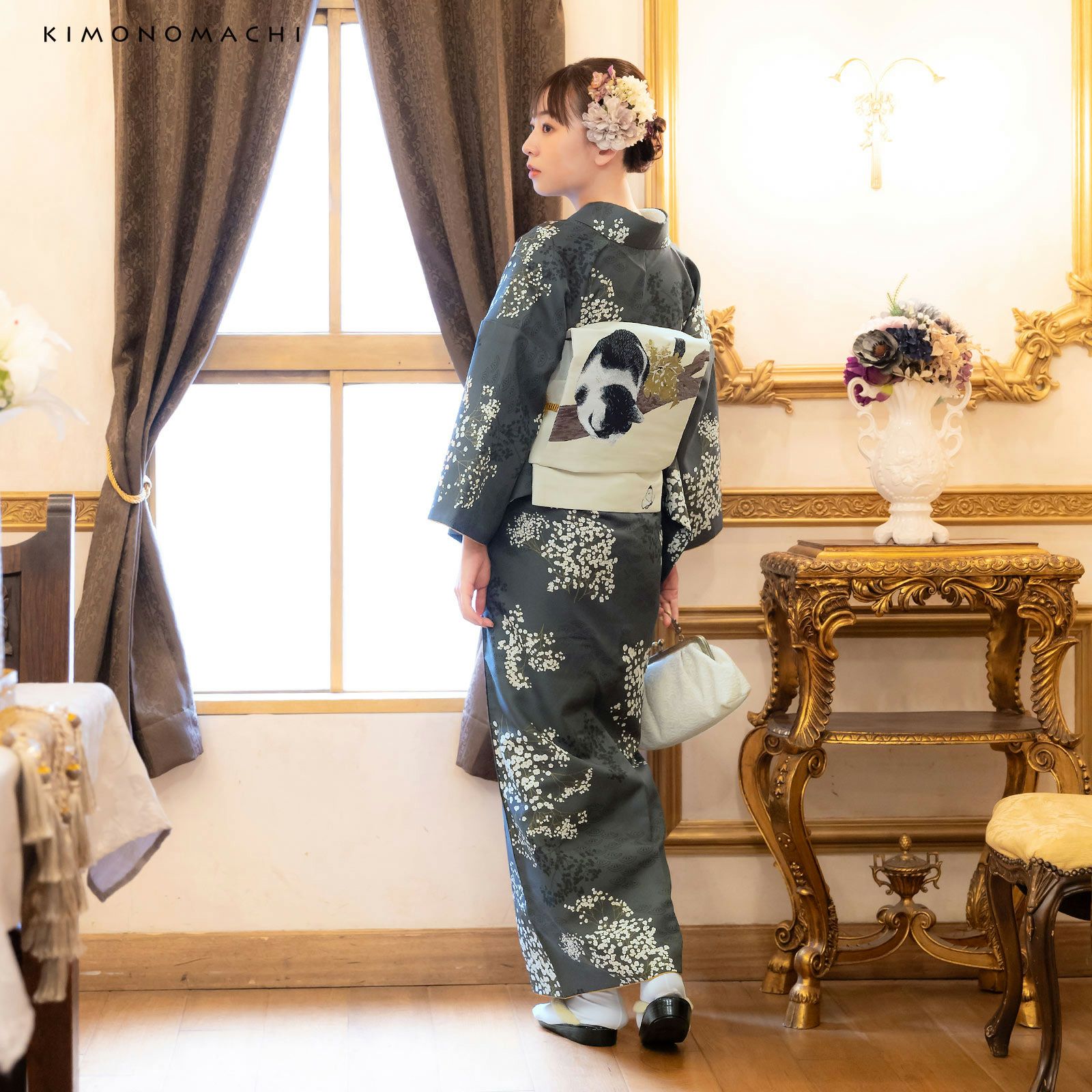 京袋帯 単品 数量限定 KIMONOMACHI オリジナル「アイボリー ぶち猫と蝶
