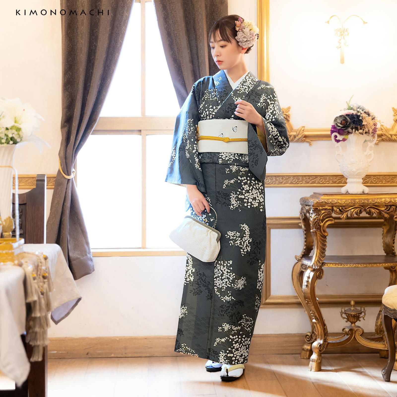 京袋帯 単品 数量限定 KIMONOMACHI オリジナル「アイボリー ぶち猫と蝶