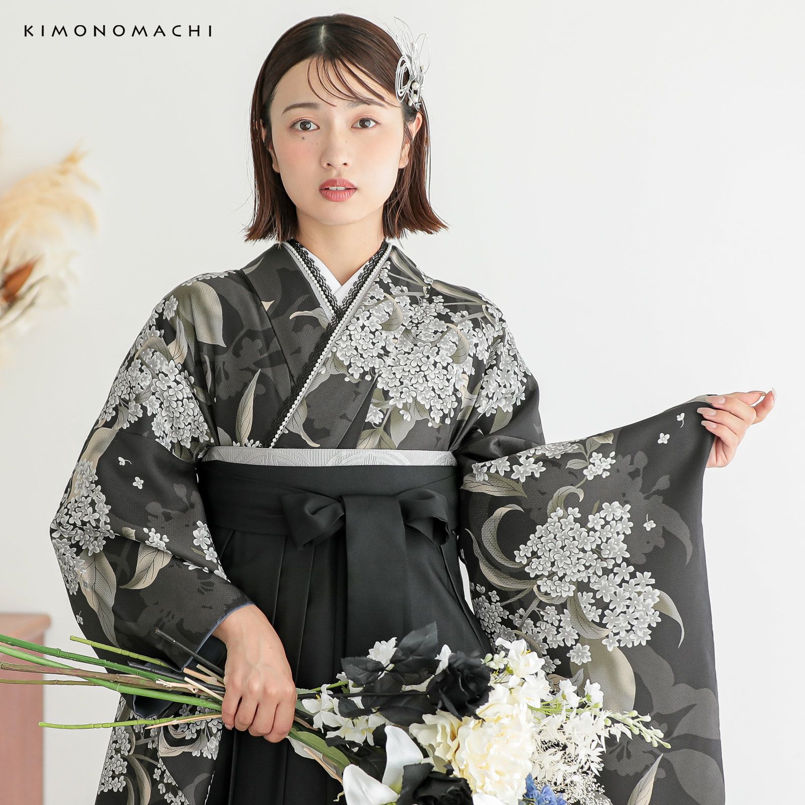 二尺袖着物 単品「銀木犀 黒色」KIMONOMACHIオリジナル お仕立て上がり