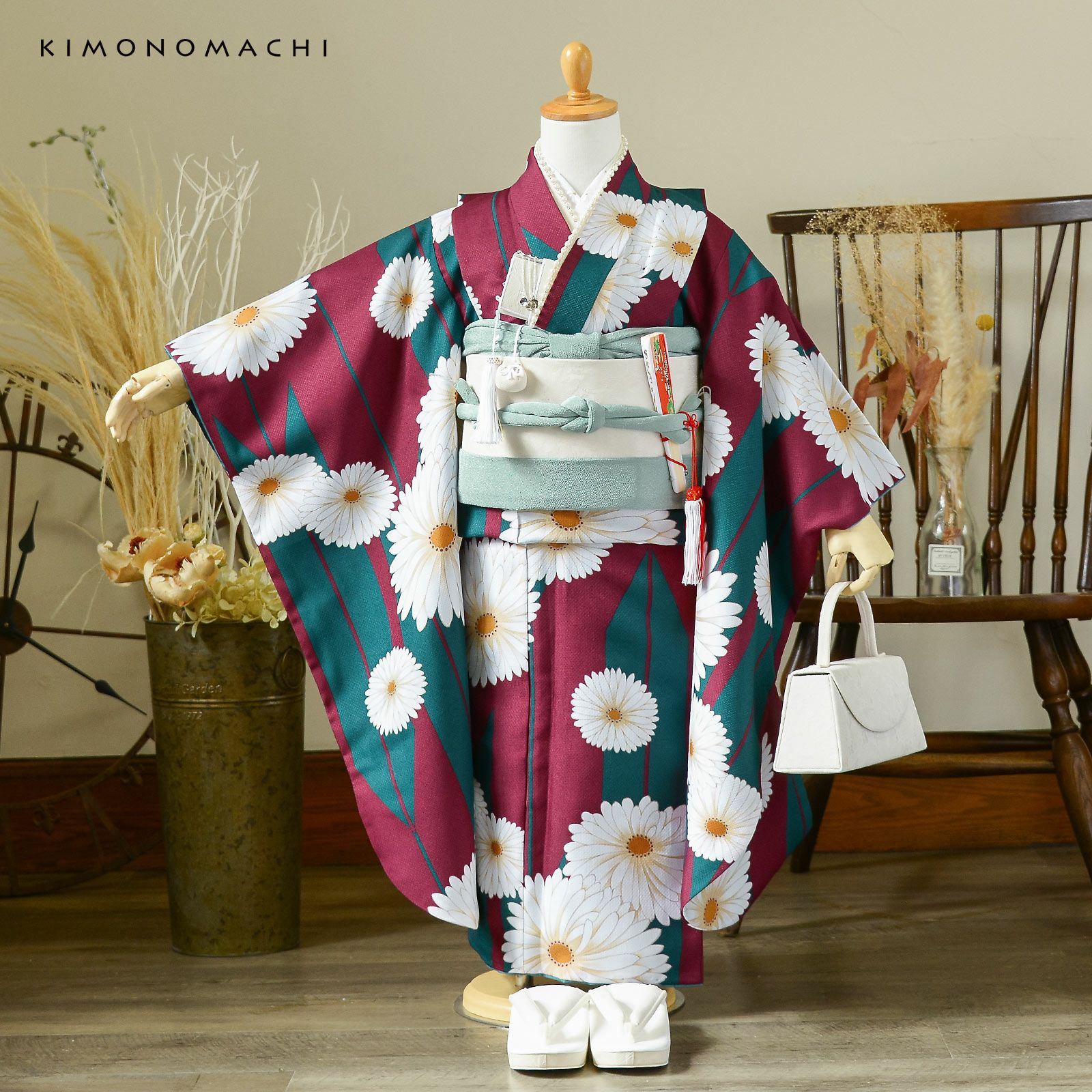 七五三 7歳 四つ身着物セット「矢羽根に菊 赤紫色」女の子 7才 女児用