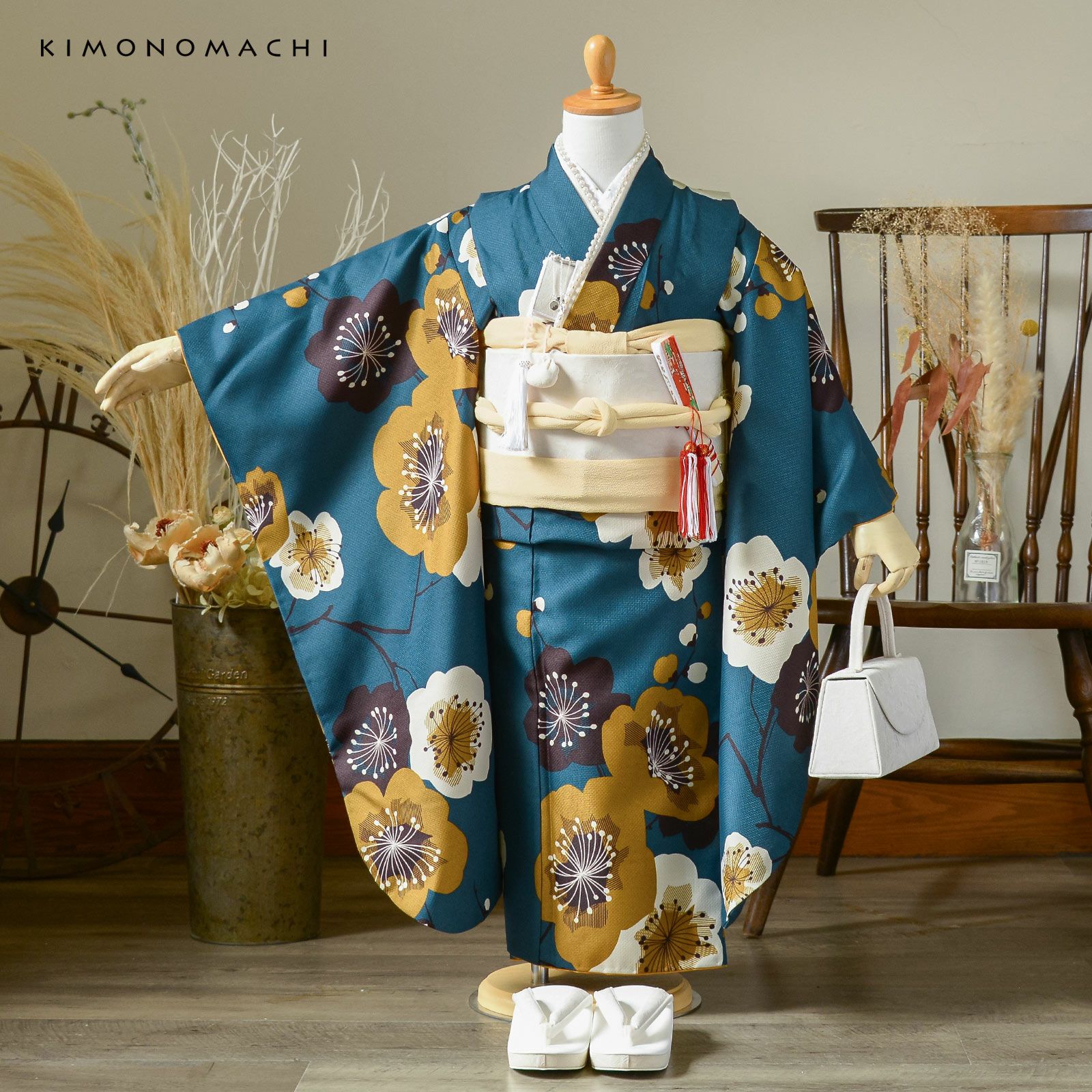 七五三 7歳 四つ身着物セット「梅 青緑」女の子 7才 女児用 子供着物