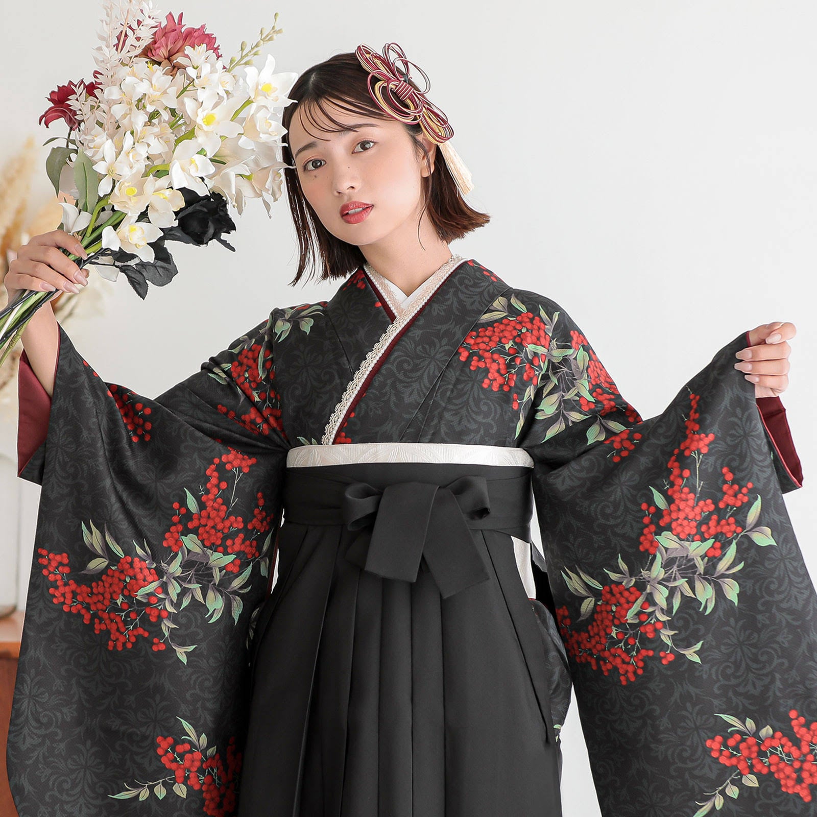 卒業式 袴4点セット 赤地に黒ぼかし菊と藤19-hakama-018-4set 楽天市場】袴 セット 小学校 卒業式 女の子 簡単着付け 元祖
