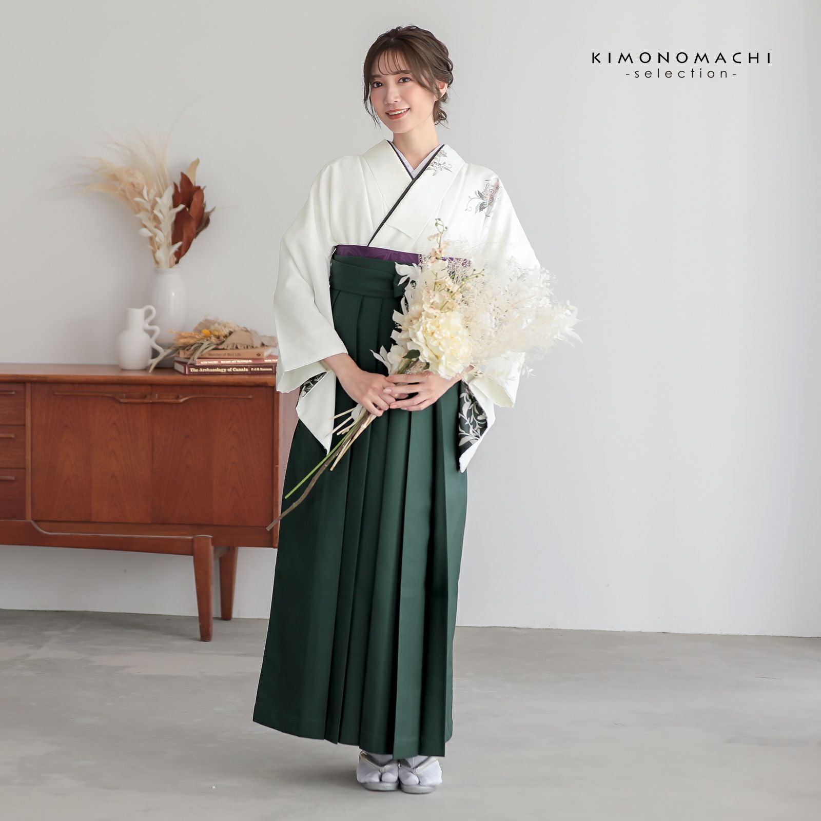 先生袴 セット 4点セット「訪問着：白 唐花＋袴：ダークグリーン 南天