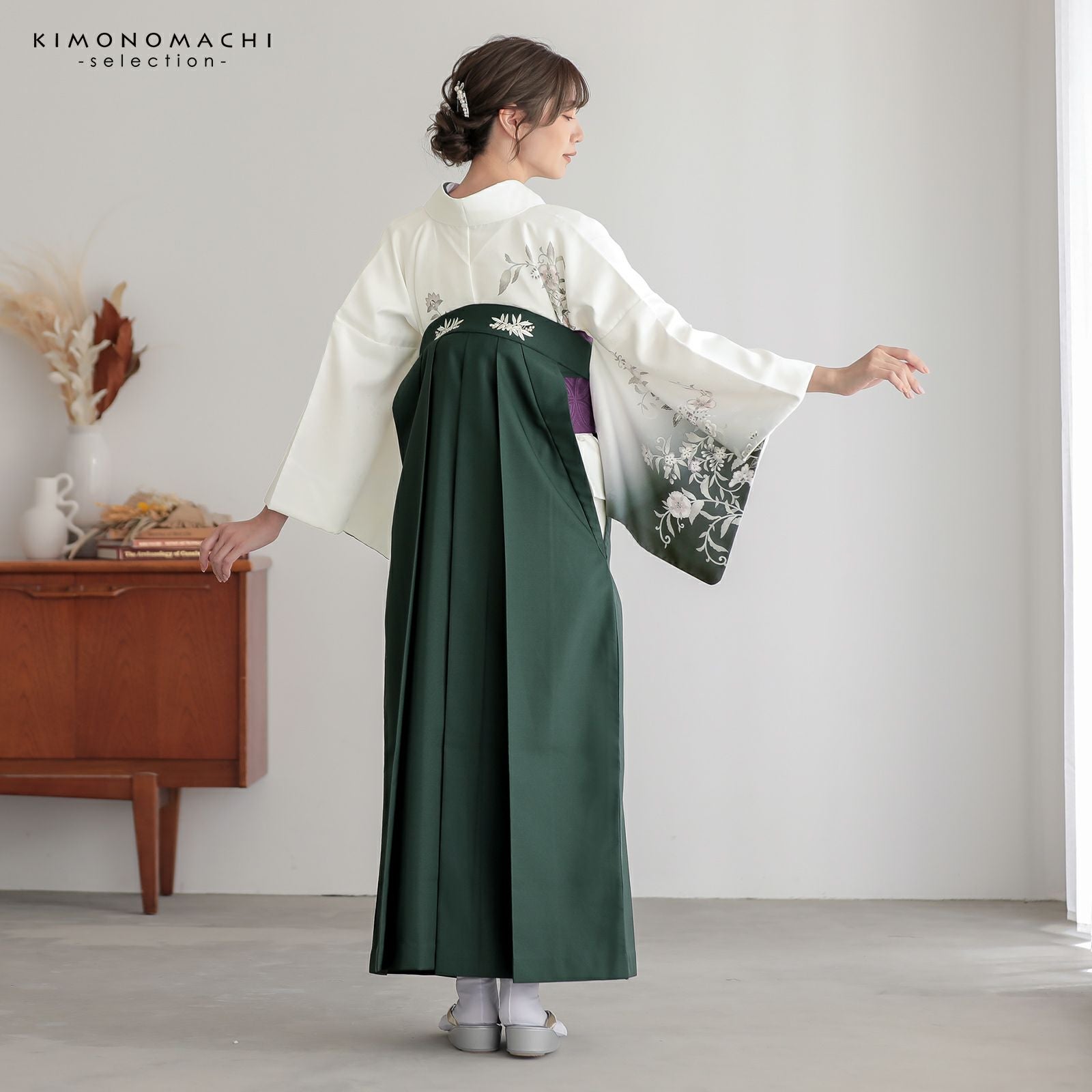 先生袴 セット 4点セット「訪問着：白 唐花＋袴：ダークグリーン 南天