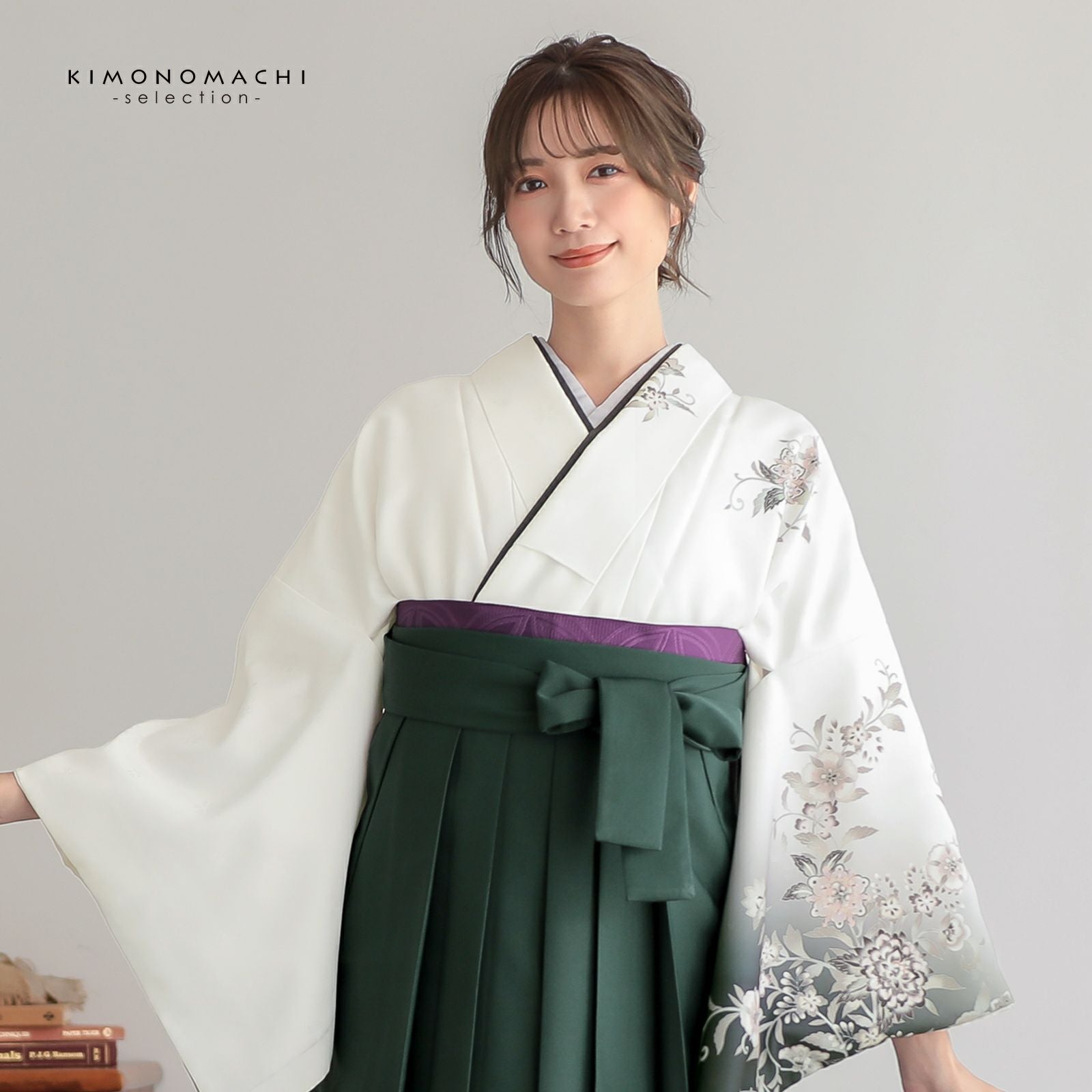 先生袴 セット 4点セット「訪問着：白 唐花＋袴：ダークグリーン 南天