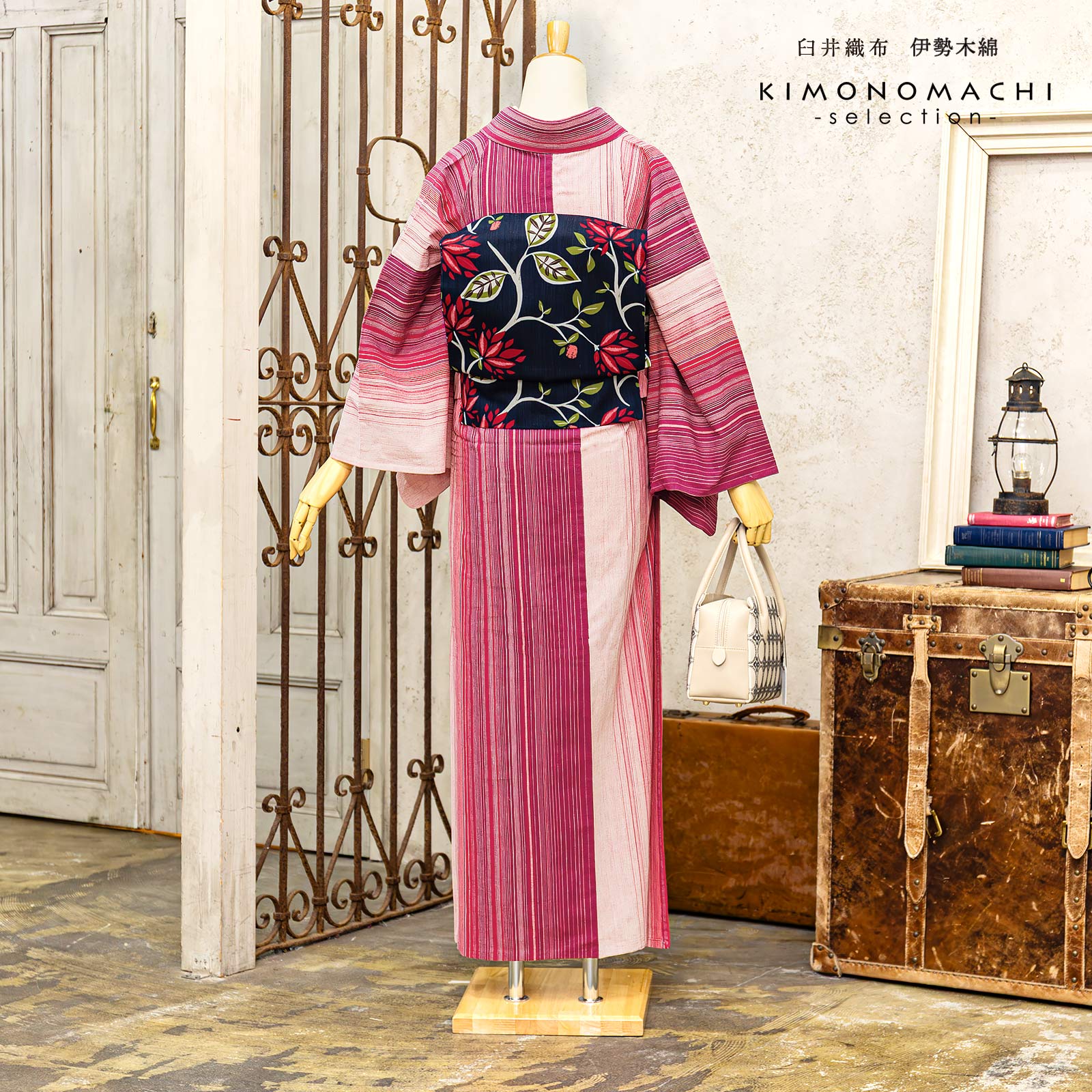 【特価品】伊勢木綿着物反物・臼井織布　灰ピンク×茶小格子柄　1410-00007 特価品】伊勢木綿着物反物・臼井織布 灰ピンク×茶小格子柄 1410-00007
