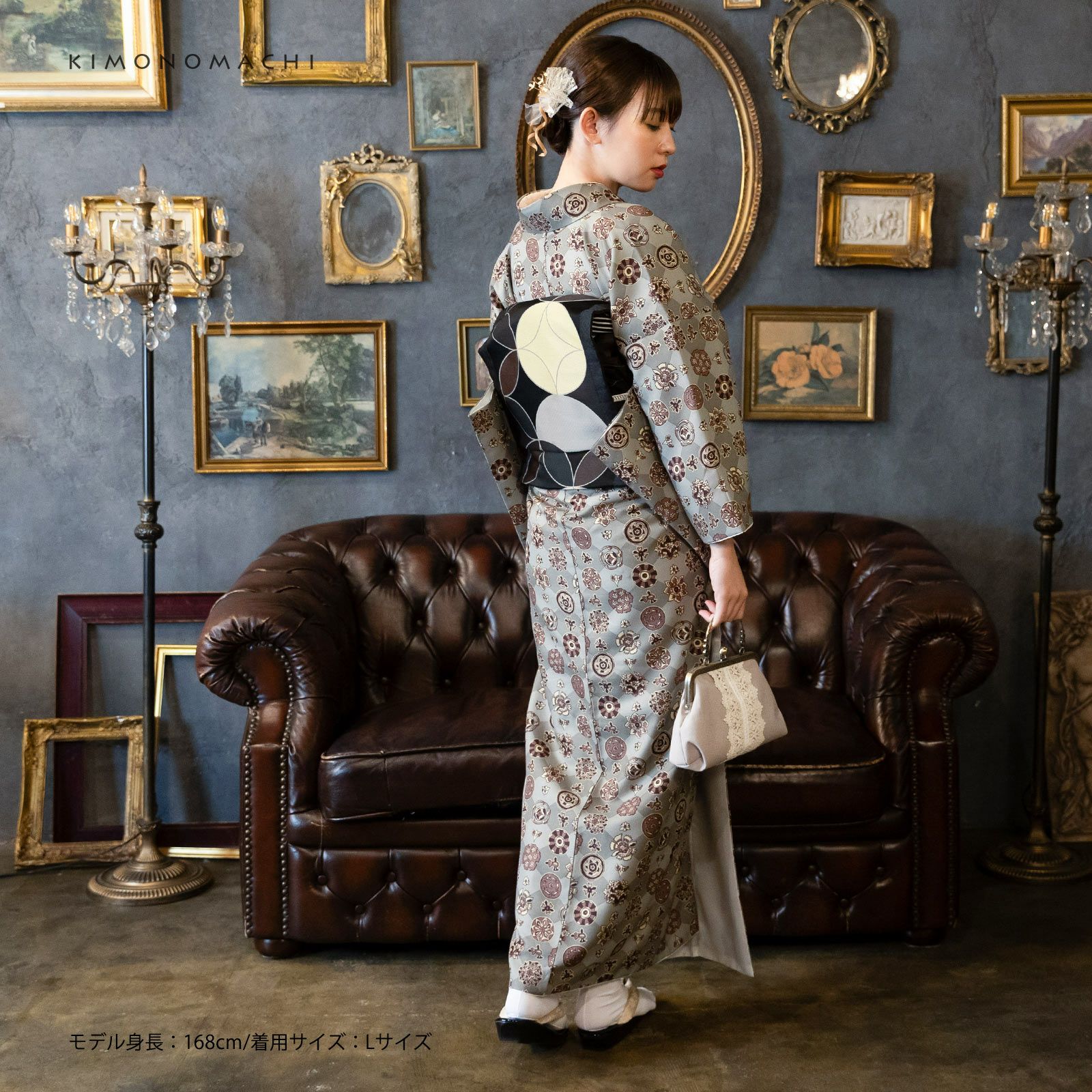 洗える着物 セット「袷着物：丸花更紗に菱 灰釉色＋京袋帯：月七宝
