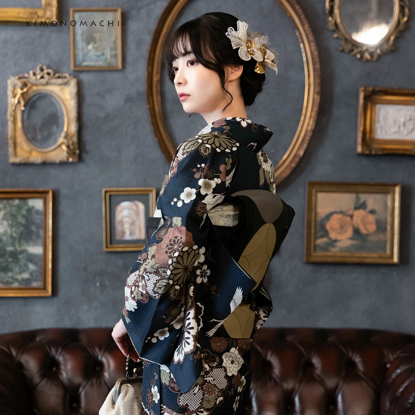 付け下げ　たたき染め　芹菜　菊花　紗綾形地紋　モノトーン　着物　016b p 付け下げ たたき染め 芹菜 菊花 紗綾形地紋 モノトーン 着物 016b p