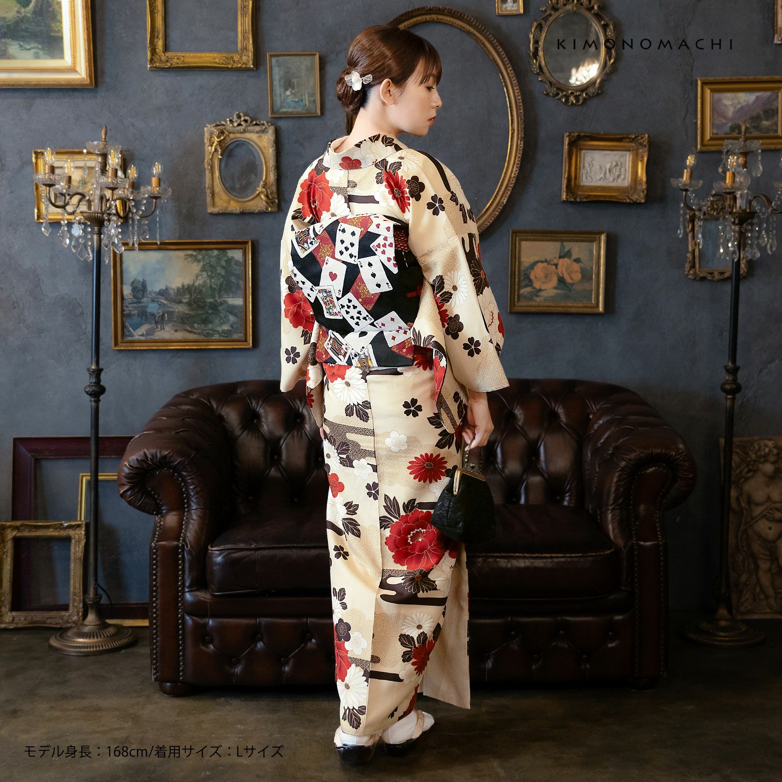 洗える着物 セット「袷着物：雲に牡丹、花紋 生成り色＋京袋帯：黒