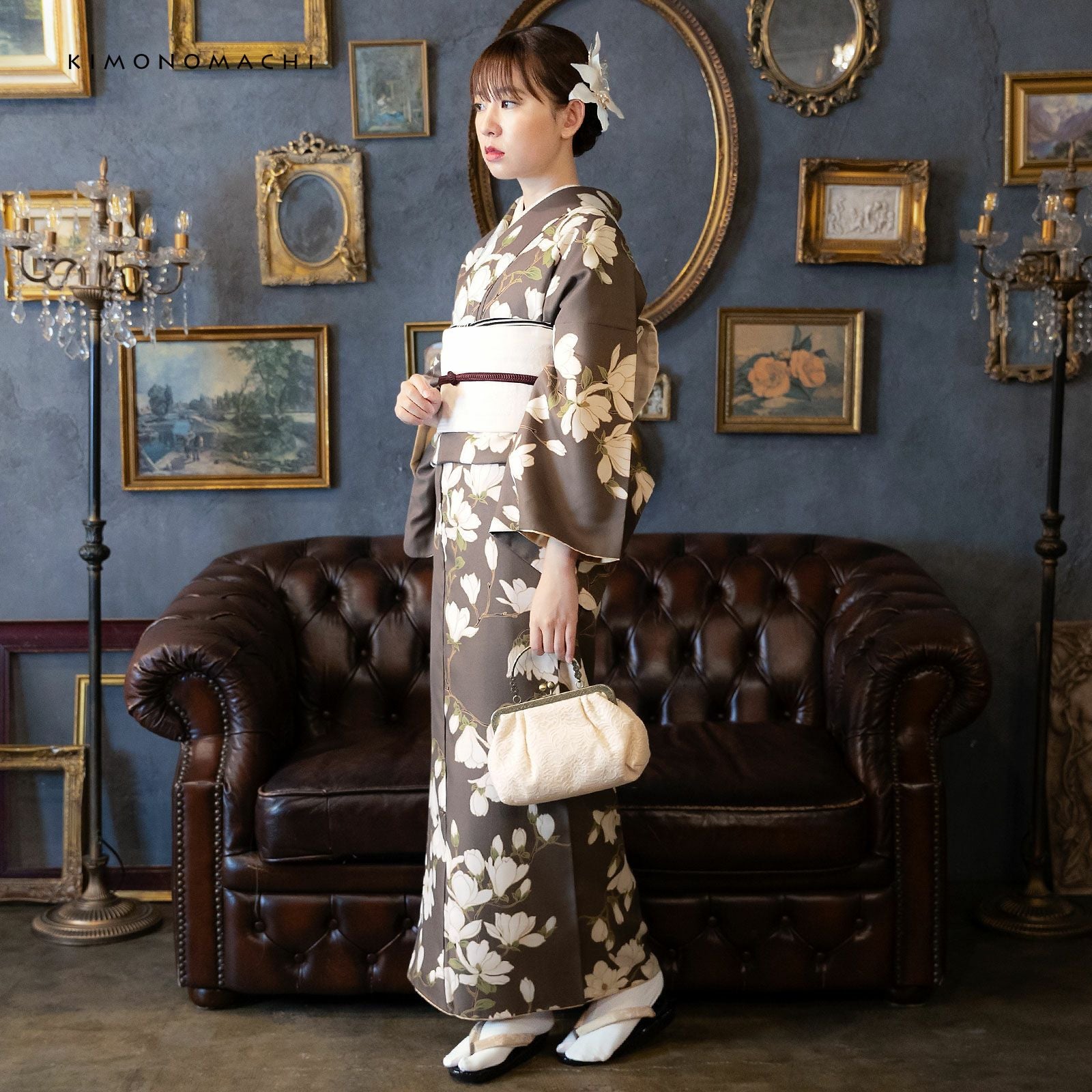 訪問着　上村松篁鑑　白木蓮に小鳥　生成り　一つ紋 洗える着物 セット「袷着物：白木蓮 加加阿色＋京袋帯：献上鳥更紗