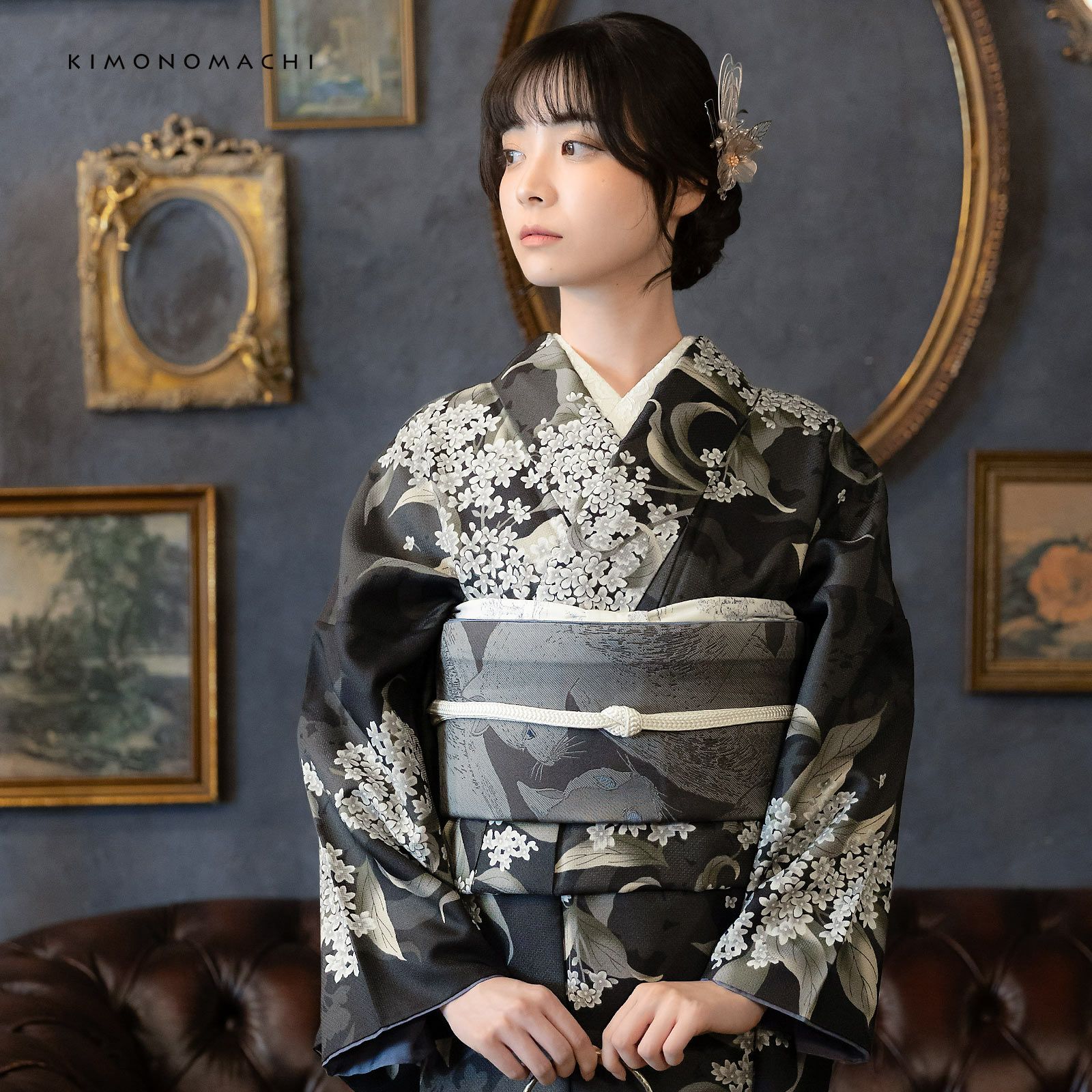 【和装】黒と銀　着物帯 洗える着物 セット「袷着物：銀木犀 黒色＋京袋帯：薄暮の灰猫