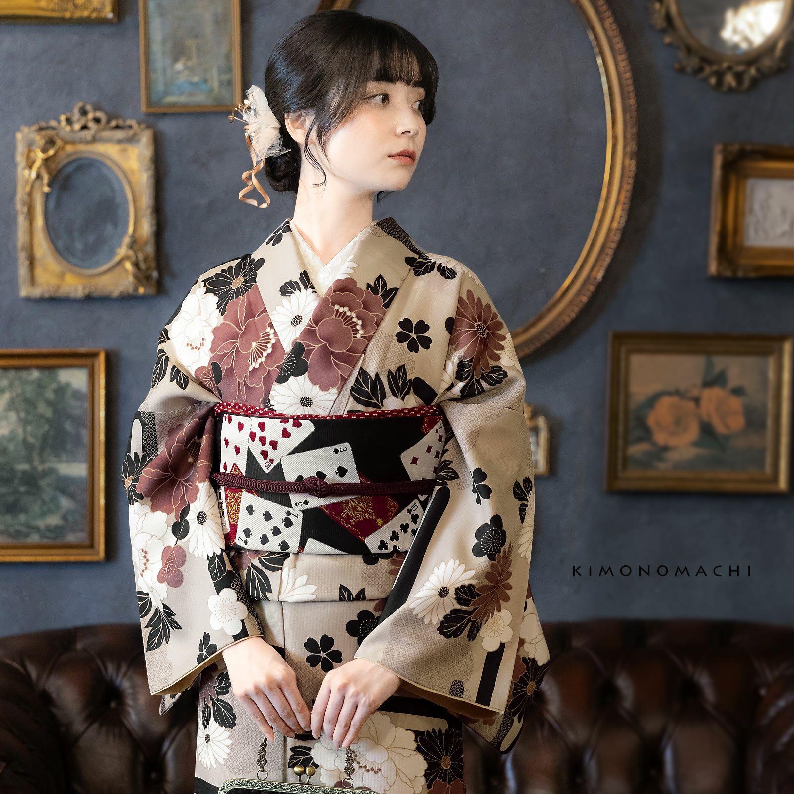 洗える着物 セット「袷着物：雲に牡丹、花紋 利休白茶色＋京袋帯：黒