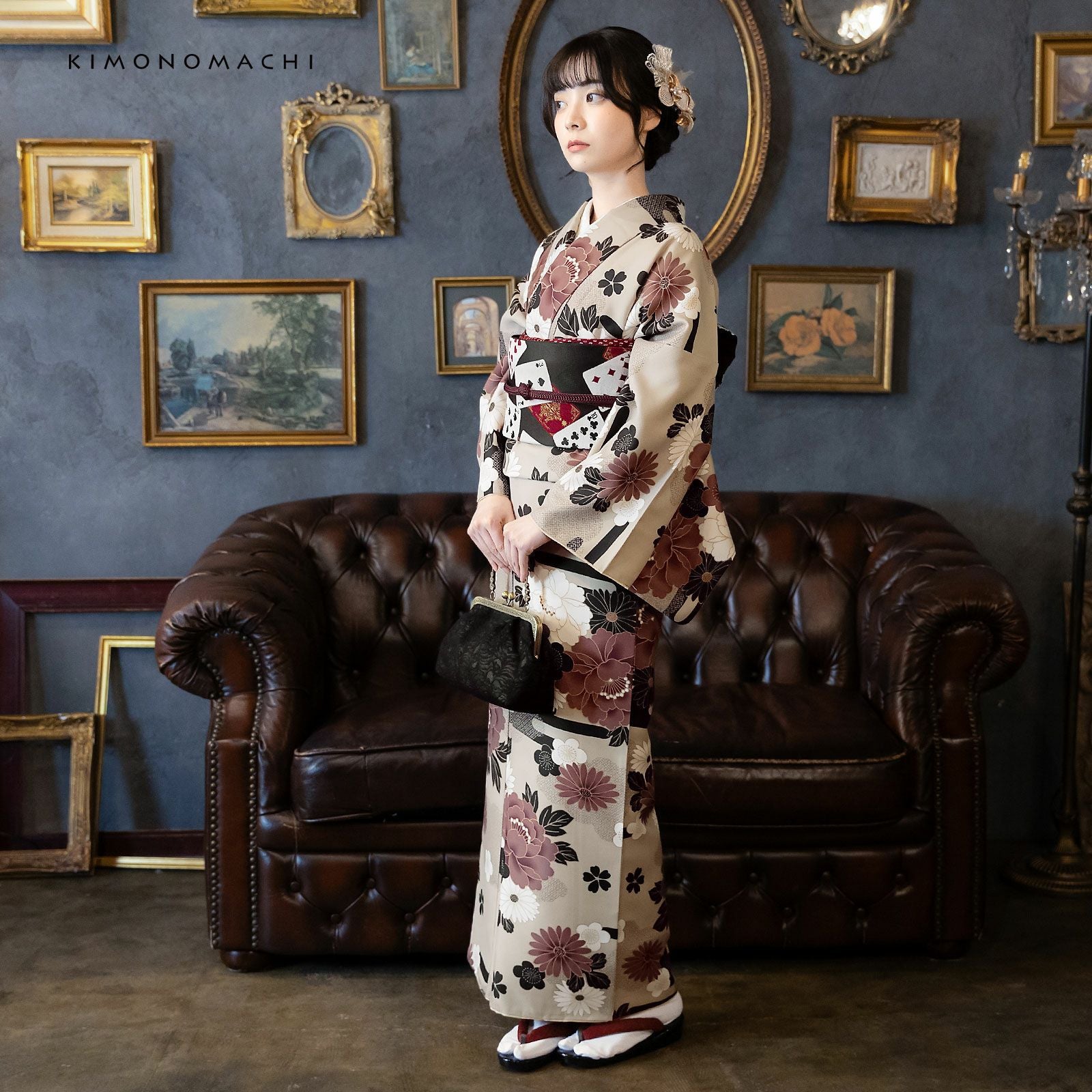 洗える着物 セット「袷着物：雲に牡丹、花紋 利休白茶色＋京袋帯：黒
