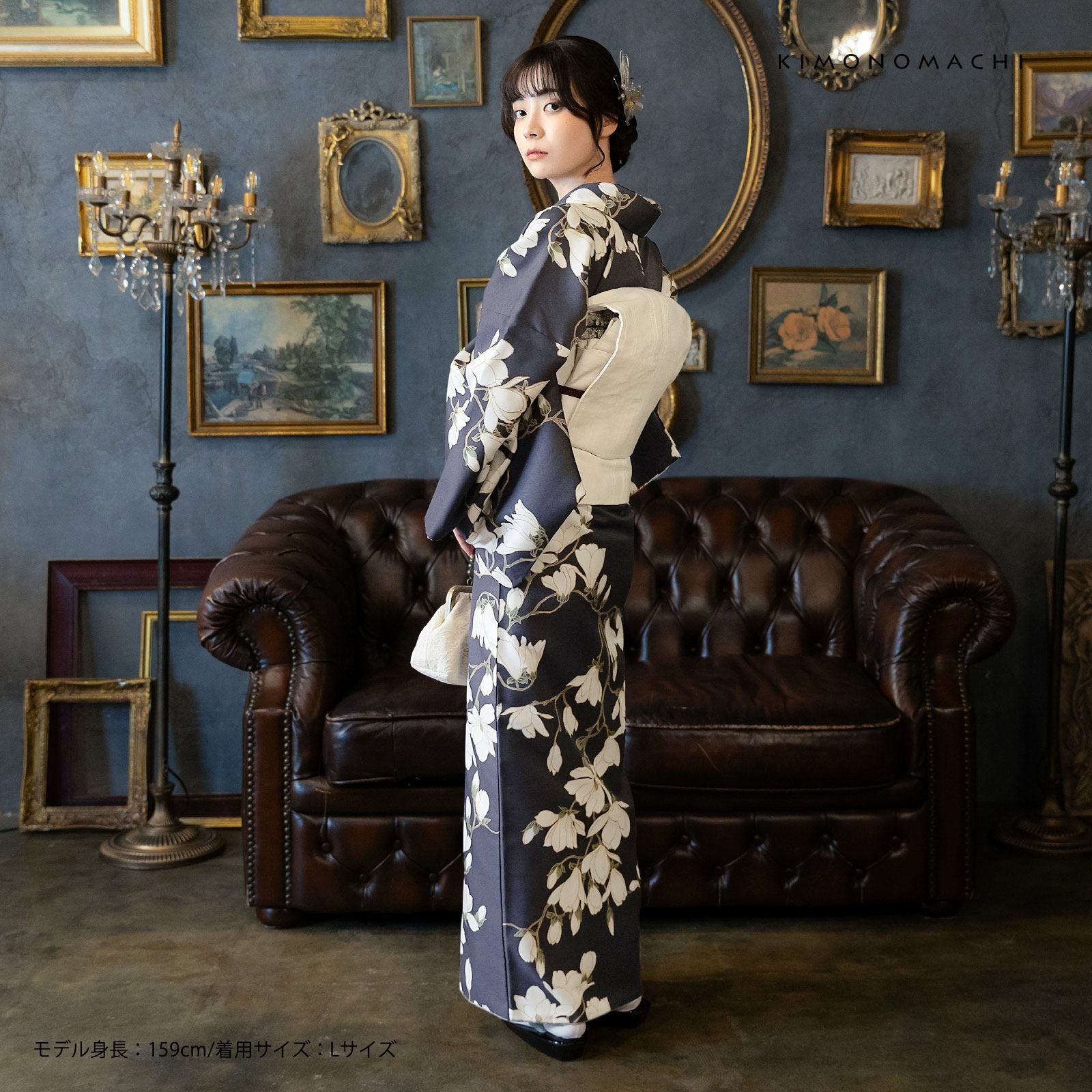 洗える着物 セット「袷着物：白木蓮 藤墨色＋京袋帯：献上鳥更紗