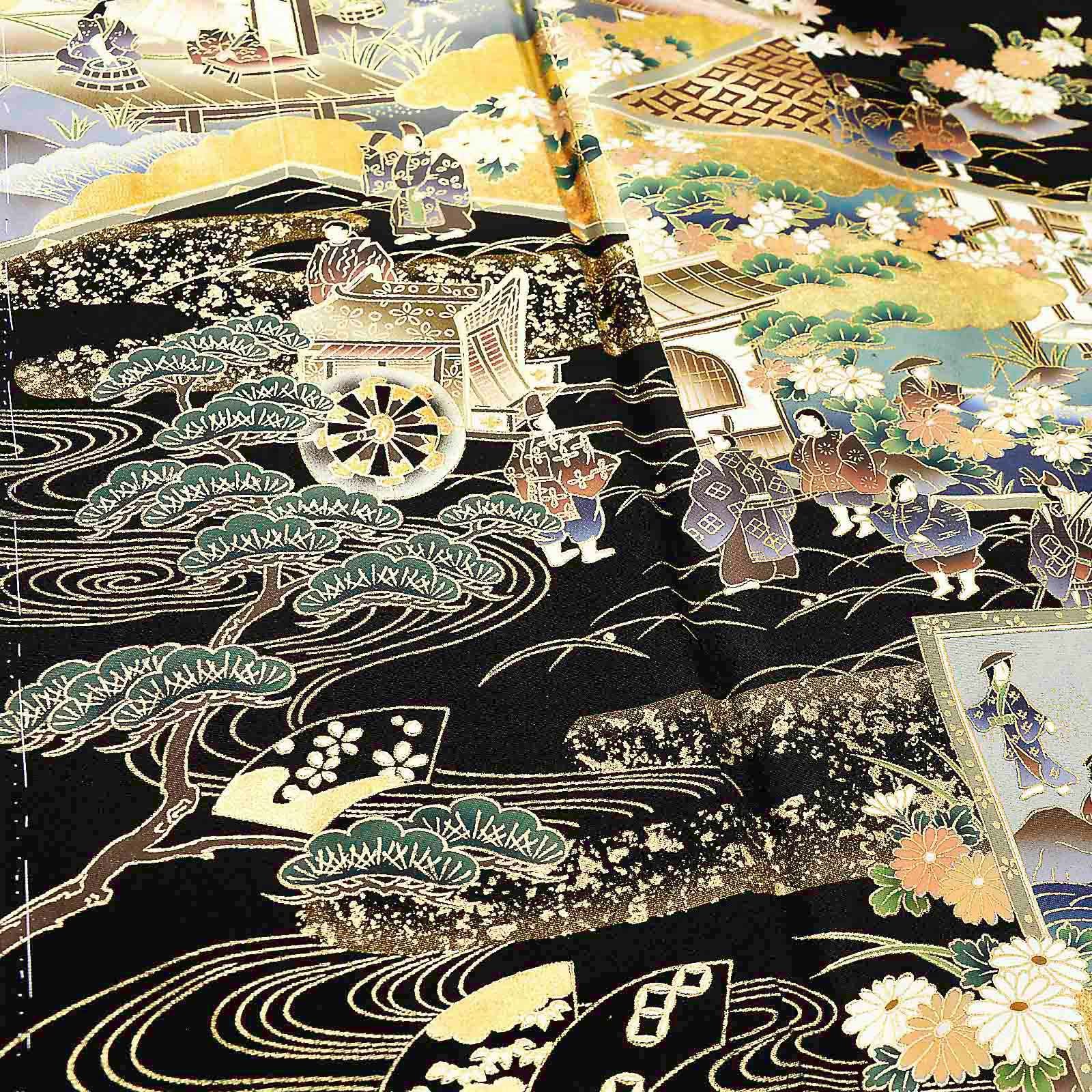 豪華逸品! 作家物 本金箔汕頭洛中洛外図 黒留袖 五つ紋 比翼あり落款あり 洛中洛外」 本金二重箔 廣部商事謹製 フォーマルに最適 袋帯