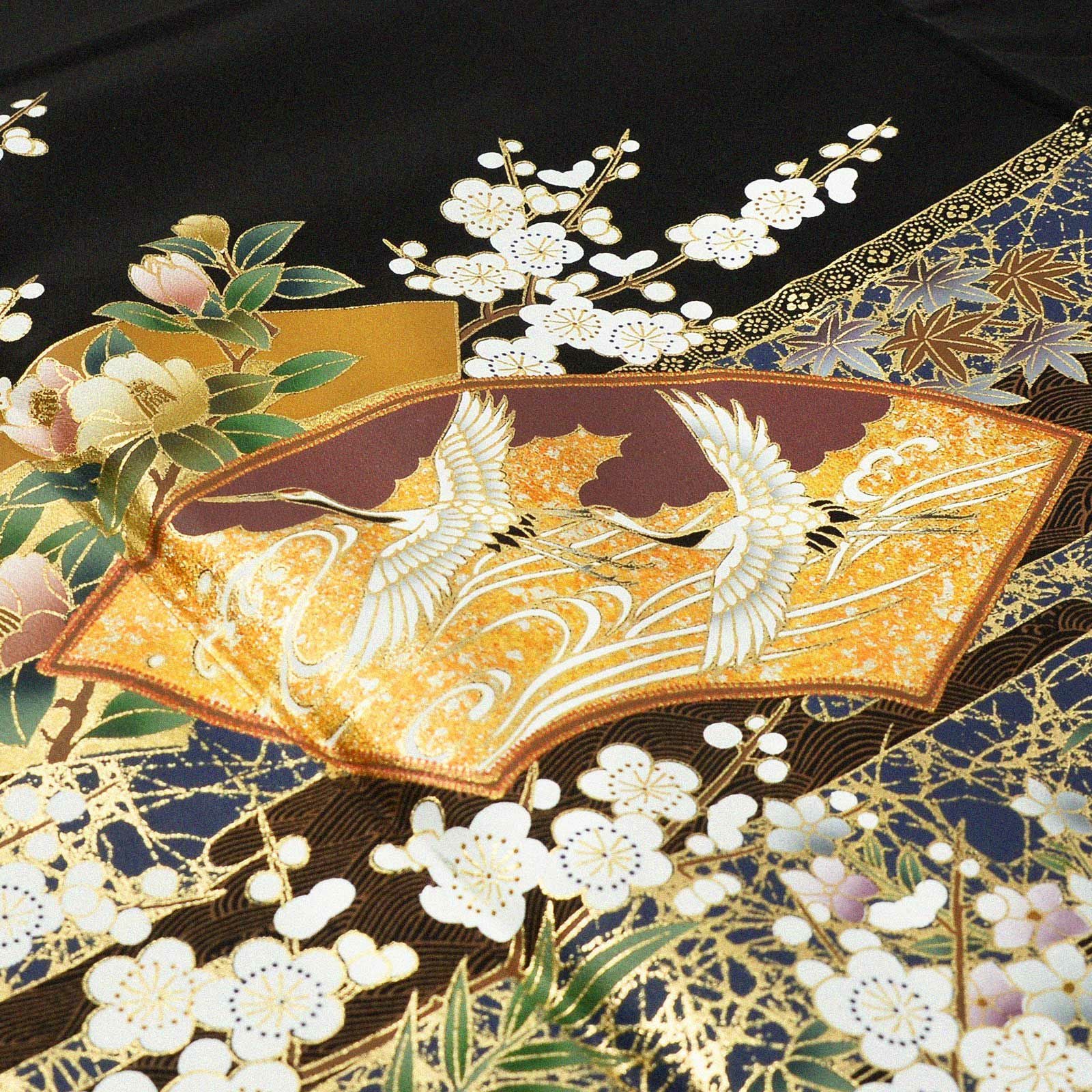 黒留袖　着物　結婚式　第一礼装　留袖　正絹　比翼仕立て　鶴　金駒刺繍　花　O1r 訳アリ】黒留袖 お仕立て上がり 単品「地紙に鶴」正絹 紋入れ代込み