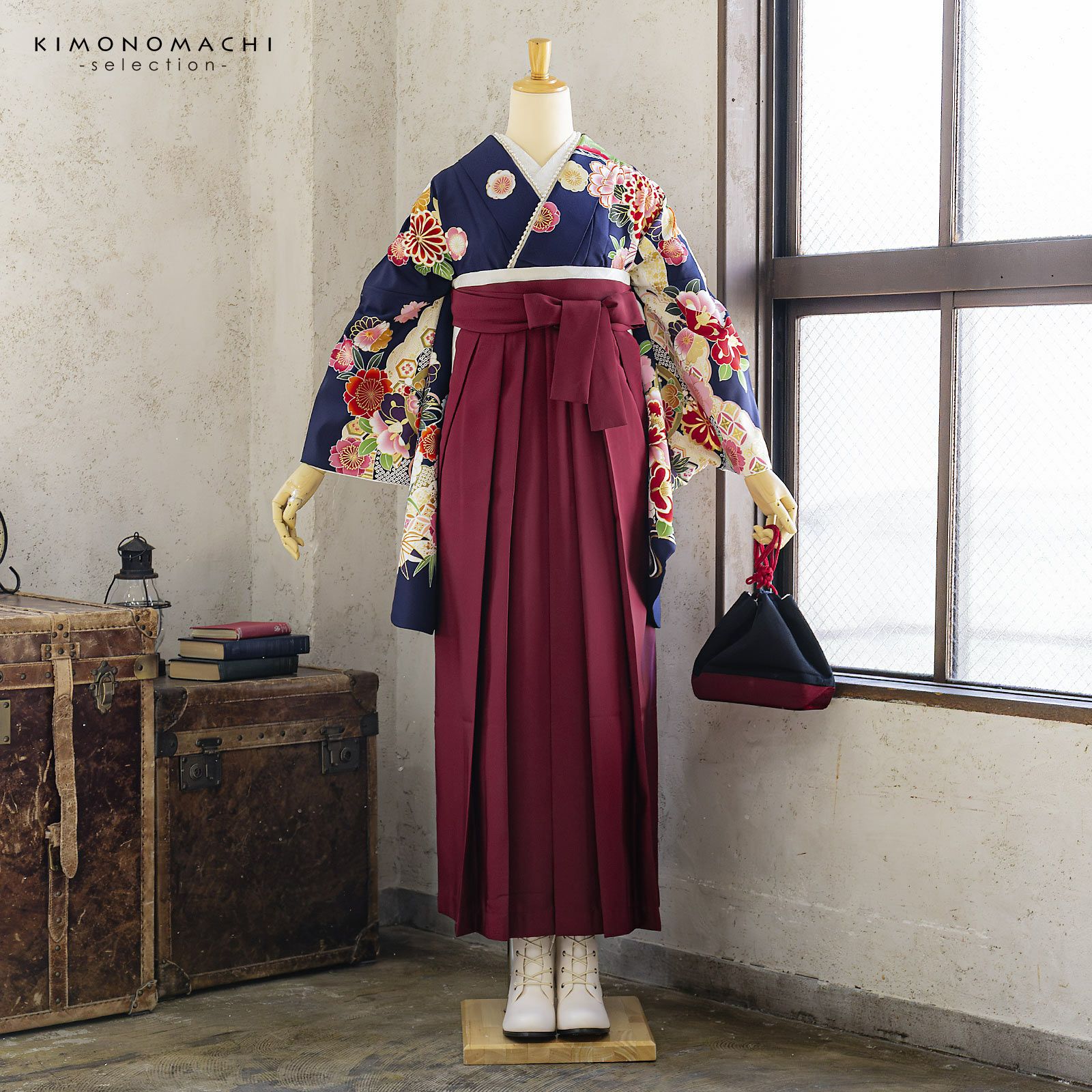 袴 セット 卒業式 女性 4点セット「二尺袖：紫紺 雲に四季花＋袴