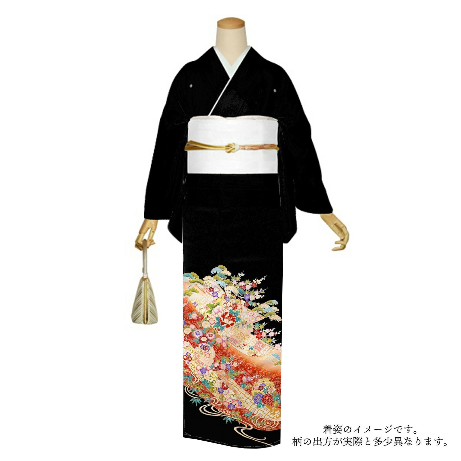 黒留袖 お仕立て上がり 単品「赤色 流水、雪輪に四季花」ワイドサイズ