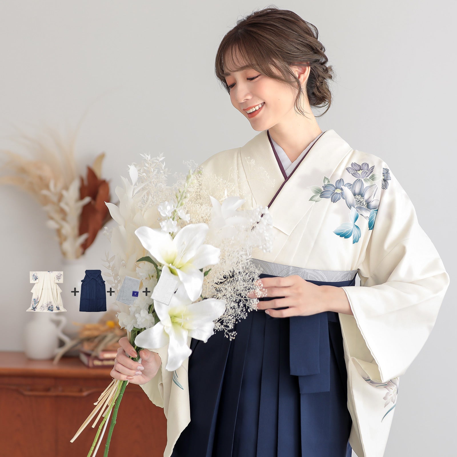先生袴 セット 4点セット「訪問着：オフホワイト 洋風四季花＋袴：無地