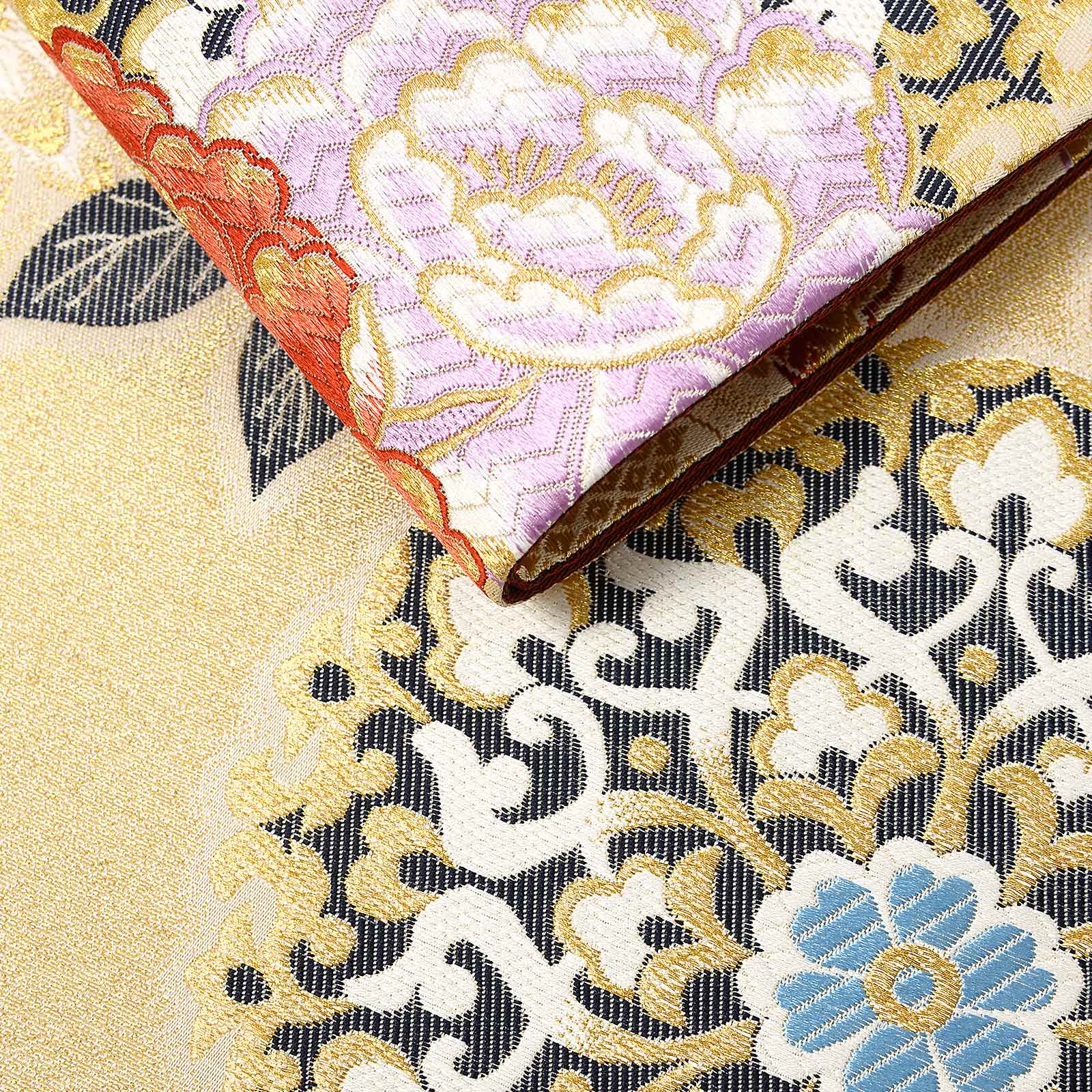 振袖 袋帯 単品 お仕立て上がり「ゴールド 唐花に牡丹と桜」六通柄