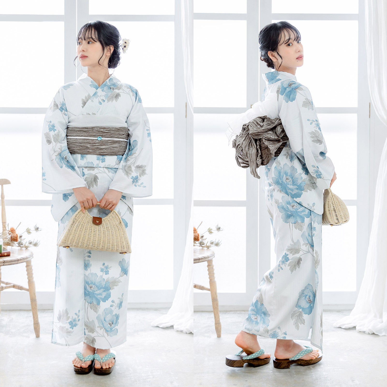 浴衣 レディース 女性 2点セット (浴衣+しわ兵児帯)「ピオニー