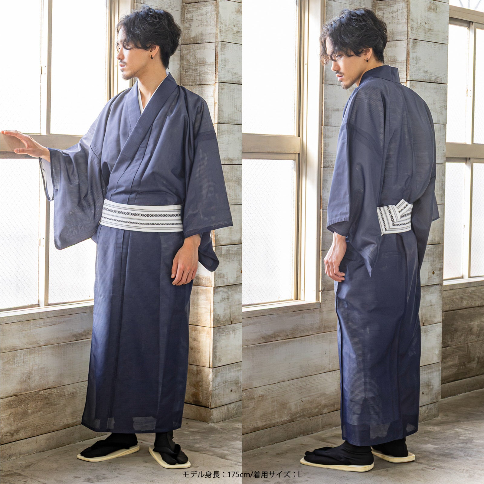 メンズ 夏着物 色無地 絽（駒絽）洗える単衣着物「濃藍・千草色・藤鼠