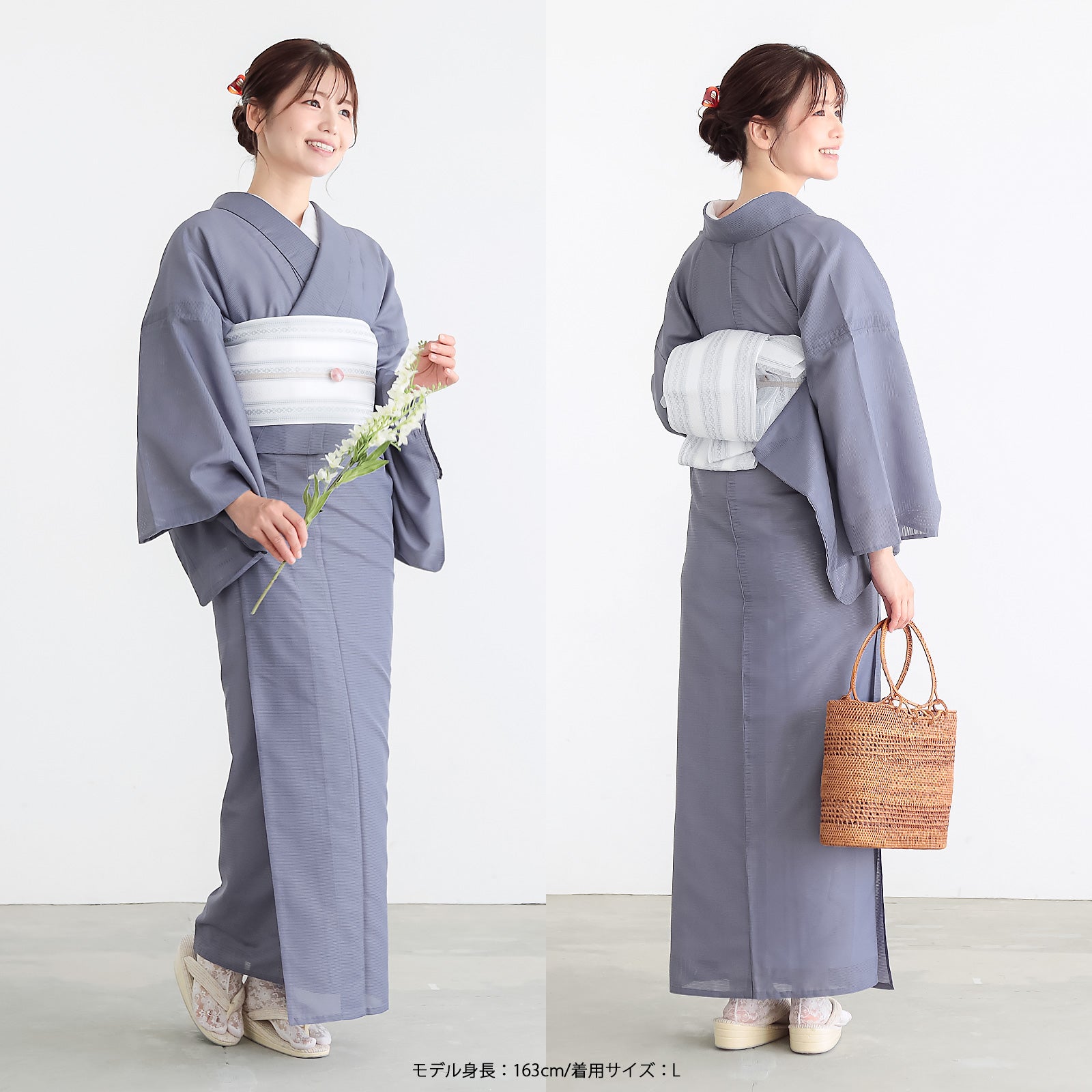 レディース 夏着物 色無地 絽（駒絽）紗半幅帯 2点セット「濃藍・千草