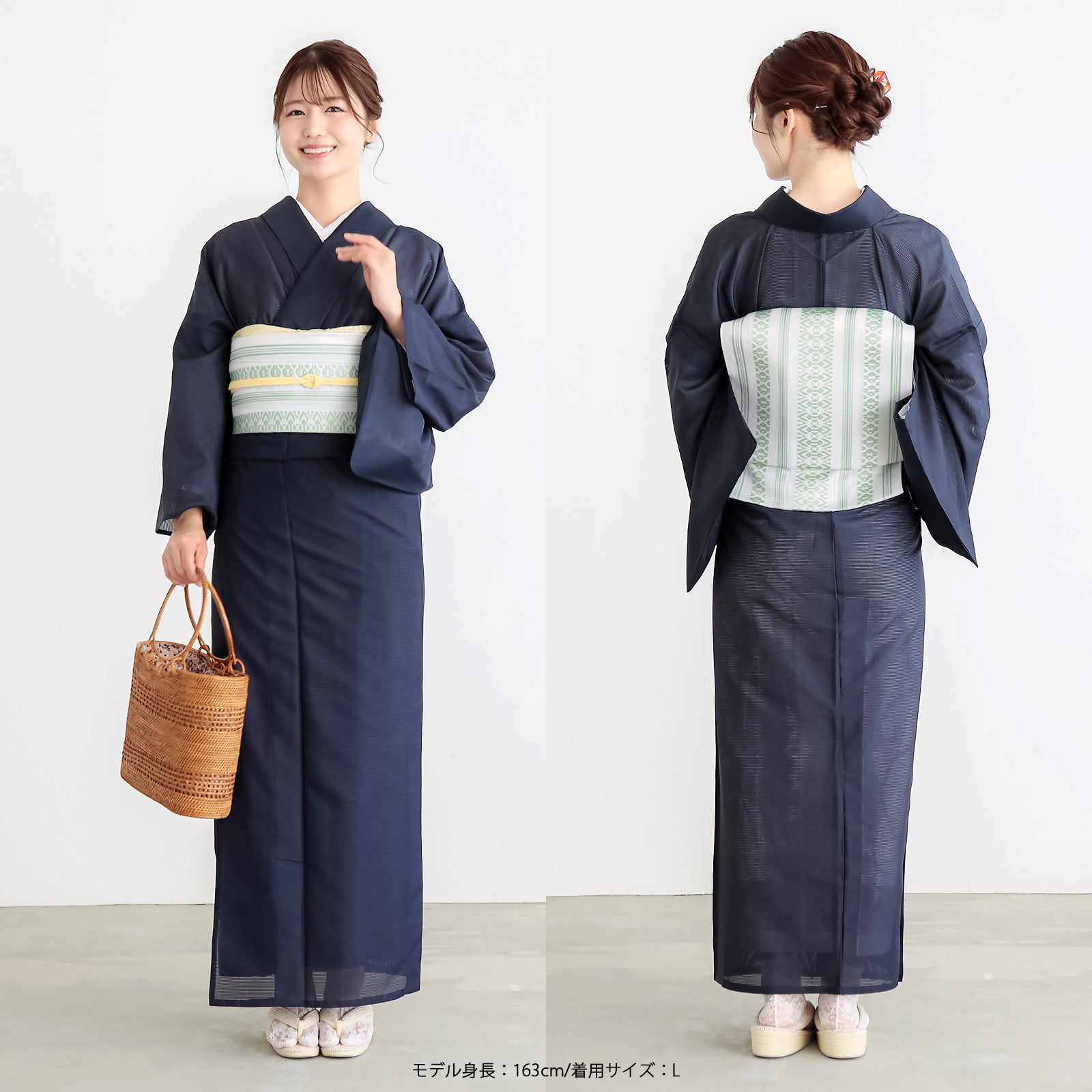 レディース 夏着物 色無地 絽（駒絽）紗八寸帯 2点セット「濃藍・千草