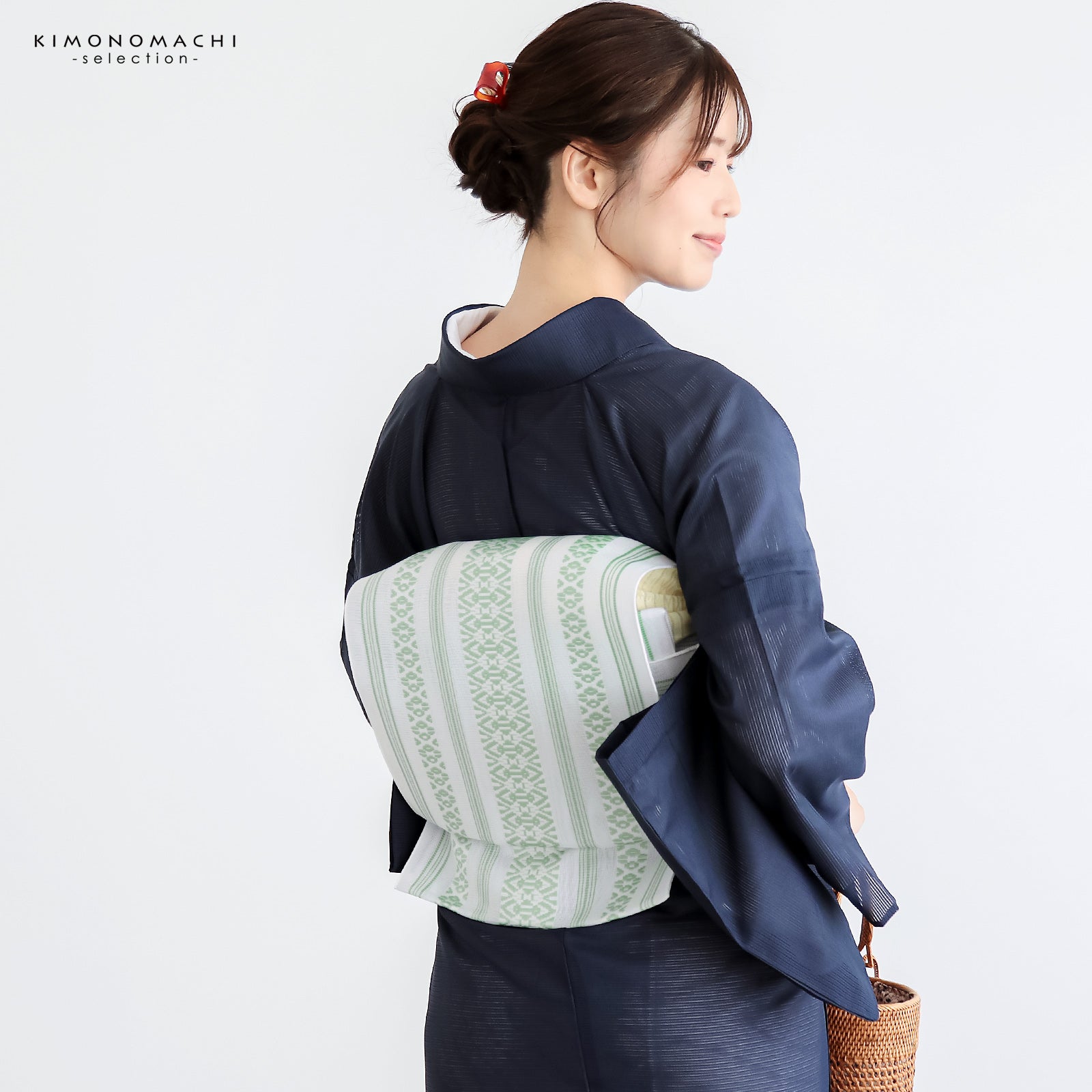 紗献上八寸帯 単品「白×青磁色」日本製 ポリエステル帯 仕立て上がり帯