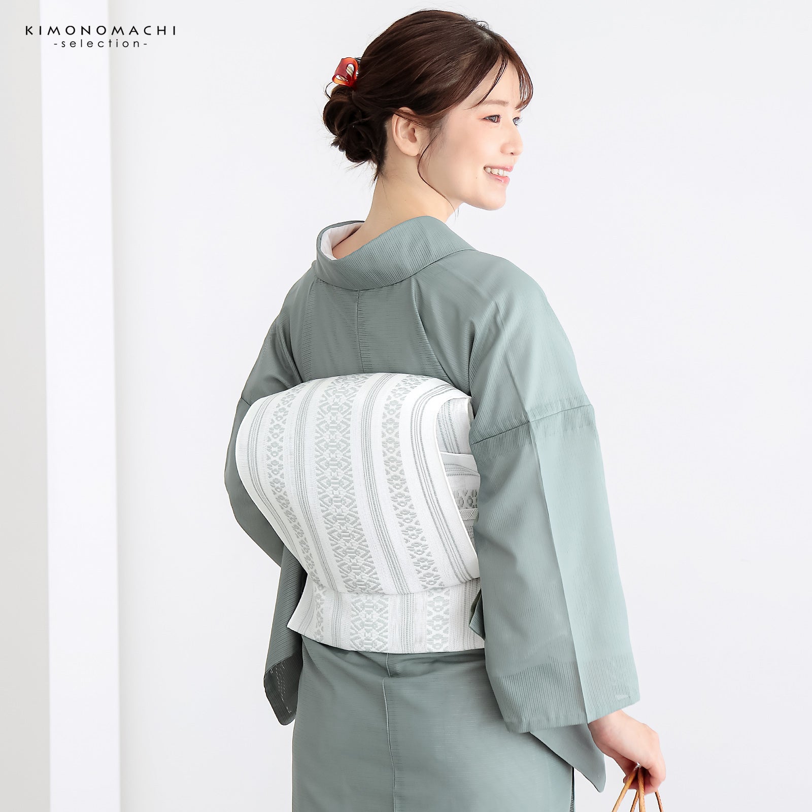 紗献上八寸帯 単品「白×銀鼠」日本製 ポリエステル帯 仕立て上がり帯
