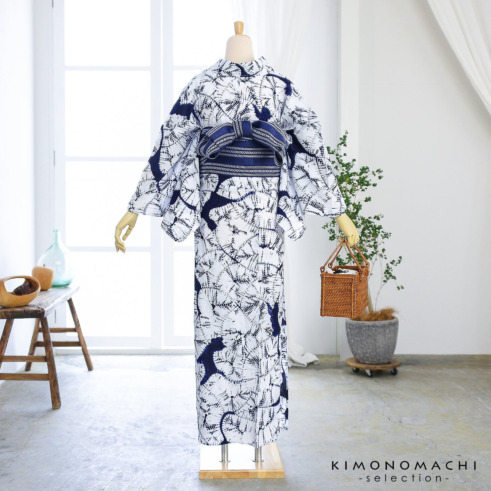 お仕立て上がり絞り浴衣単品「紺キキ 猫」有松絞り 女性浴衣単品