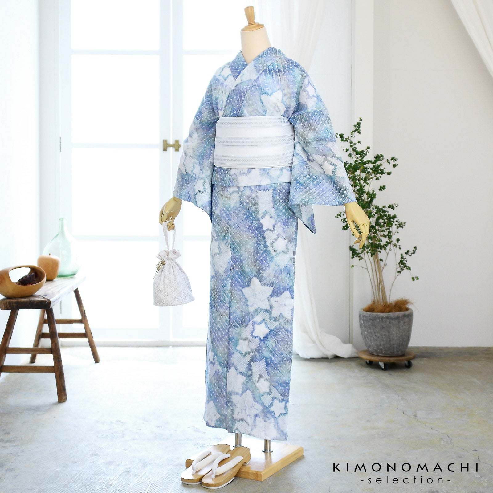 お仕立て上がり絞り浴衣単品 花しぼり「きら星 グレー×ブルー」有松