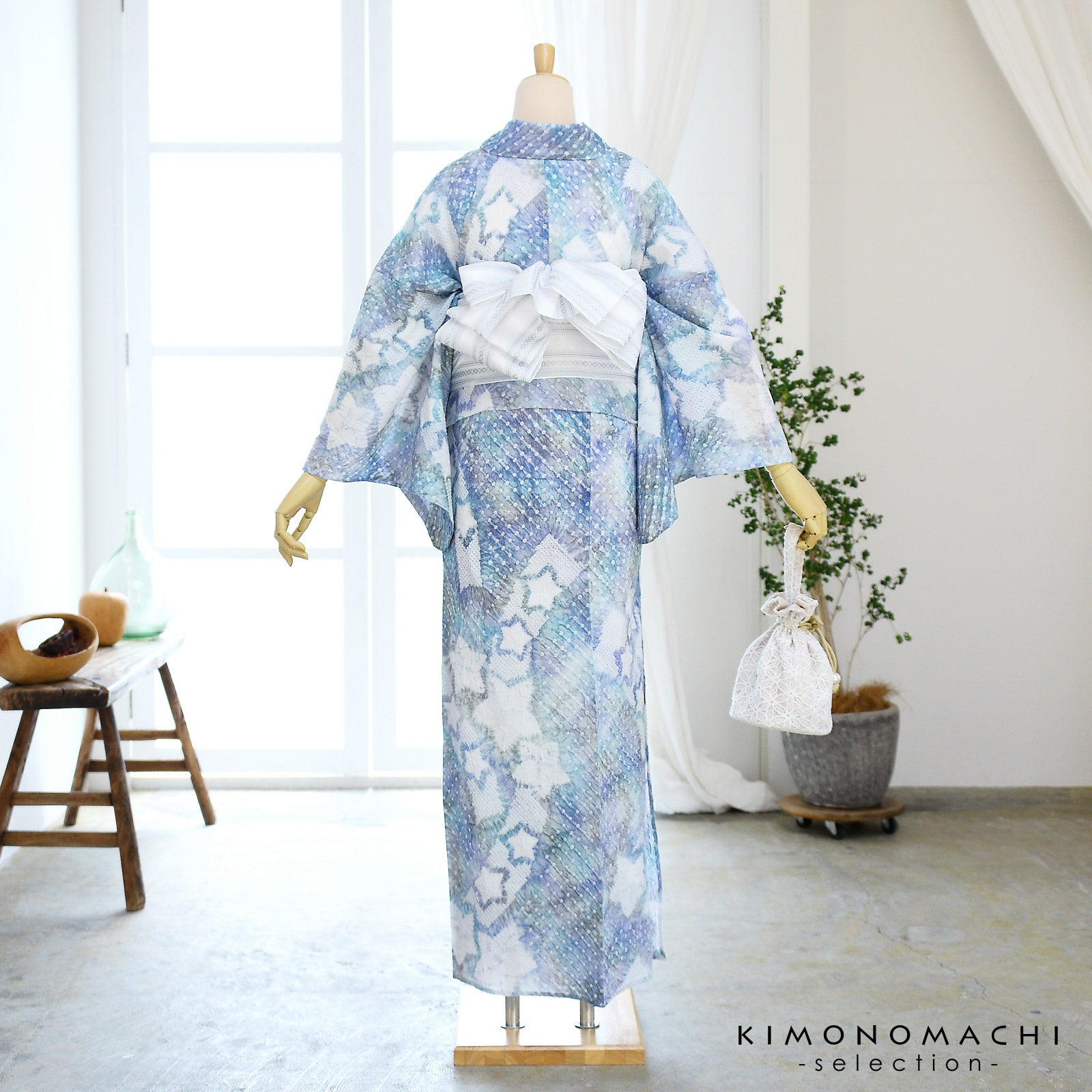 お仕立て上がり絞り浴衣単品 花しぼり「きら星 グレー×ブルー」有松