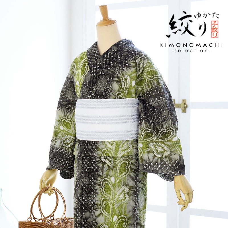お仕立て上がり絞り浴衣単品「羽 利休緑」有松絞り 女性浴衣単品 レディース浴衣単品 綿 お仕立て上がり浴衣 yukata【メール便不可】