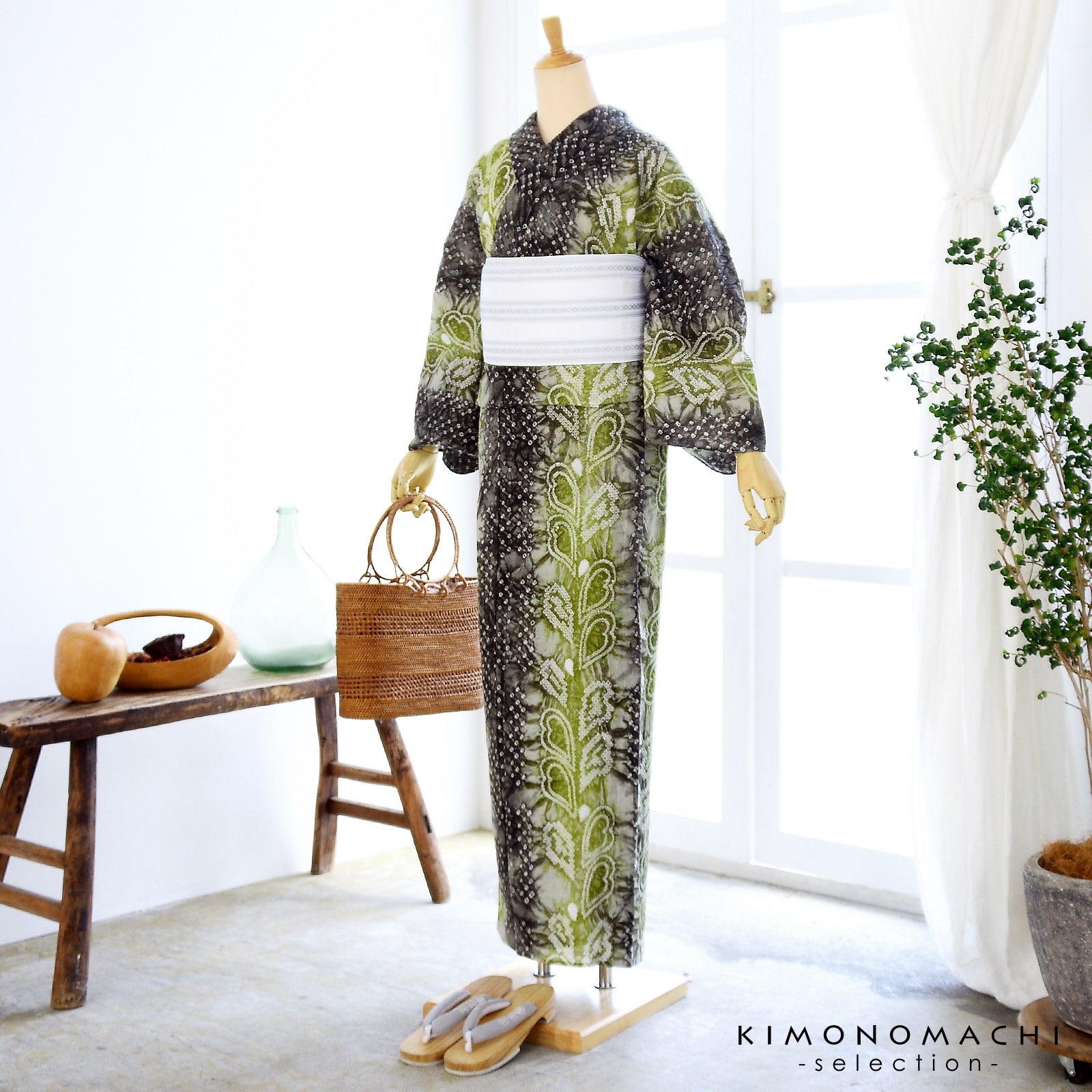 お仕立て上がり絞り浴衣単品「羽 利休緑」有松絞り 女性浴衣単品