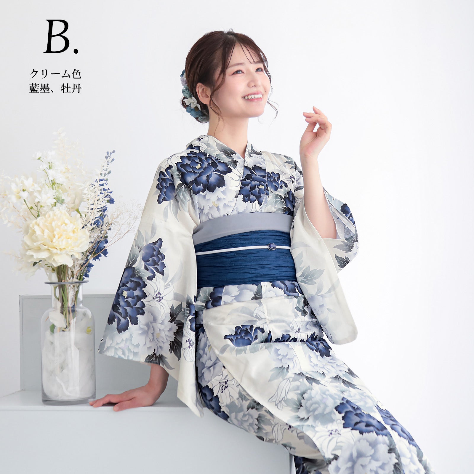 浴衣 レディース 女性 2点セット (浴衣+しわ兵児帯)「牡丹・百合・鉄紺