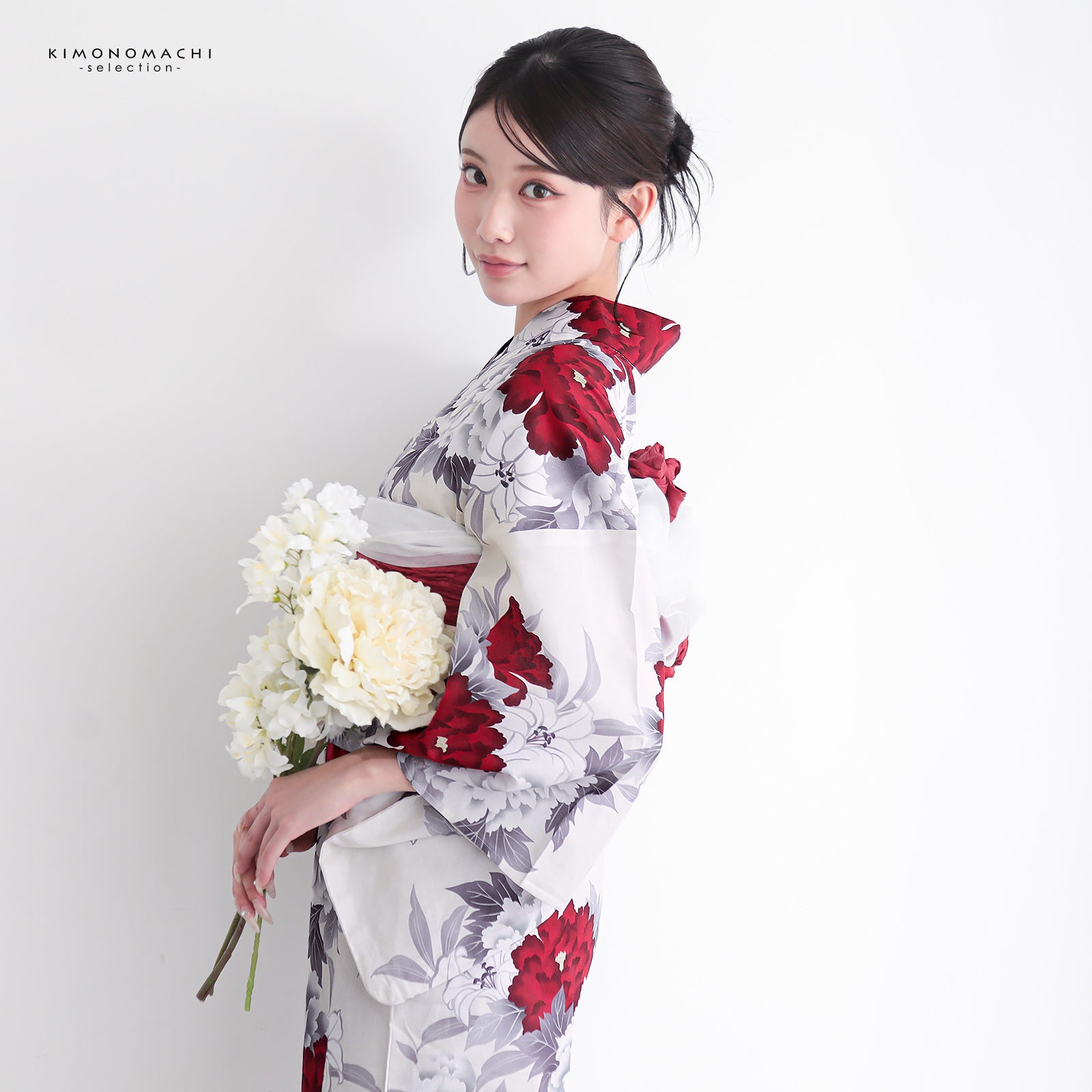 浴衣 レディース 女性 2点セット (浴衣+しわ兵児帯)「牡丹・百合・鉄紺