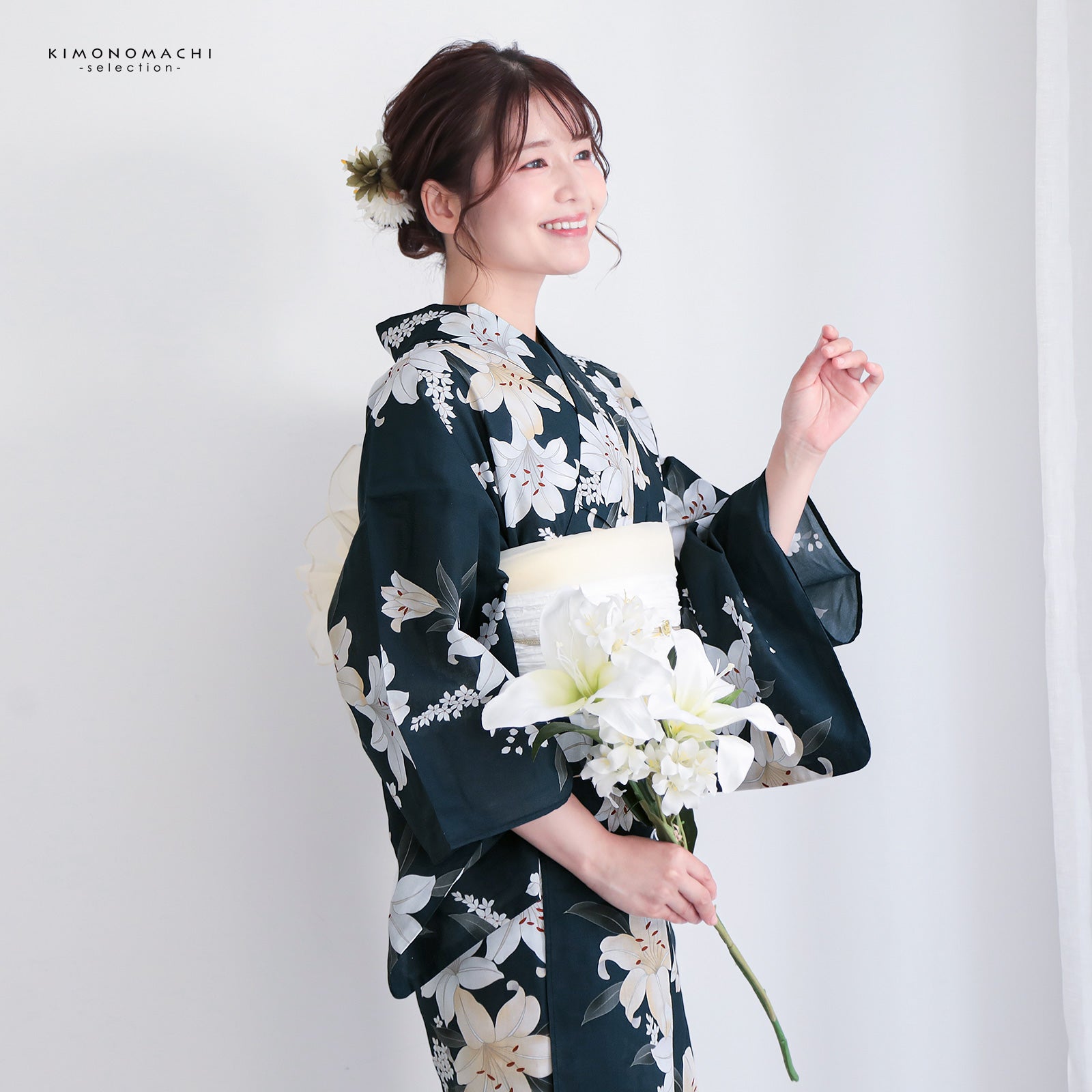 浴衣 レディース 女性 2点セット (浴衣+しわ兵児帯)「牡丹・百合・鉄紺