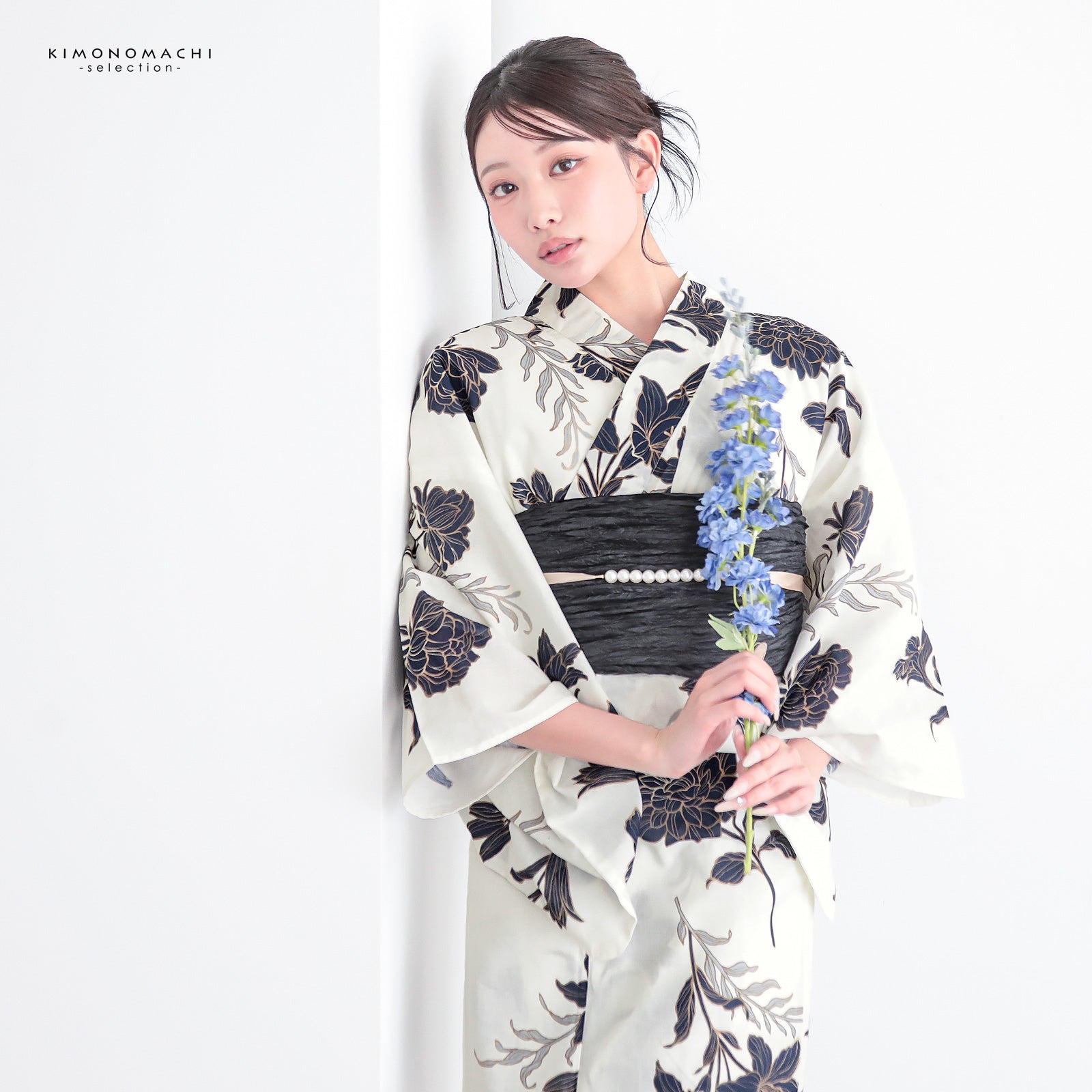 浴衣 レディース 女性 2点セット (浴衣+しわ兵児帯)「牡丹・百合・鉄紺
