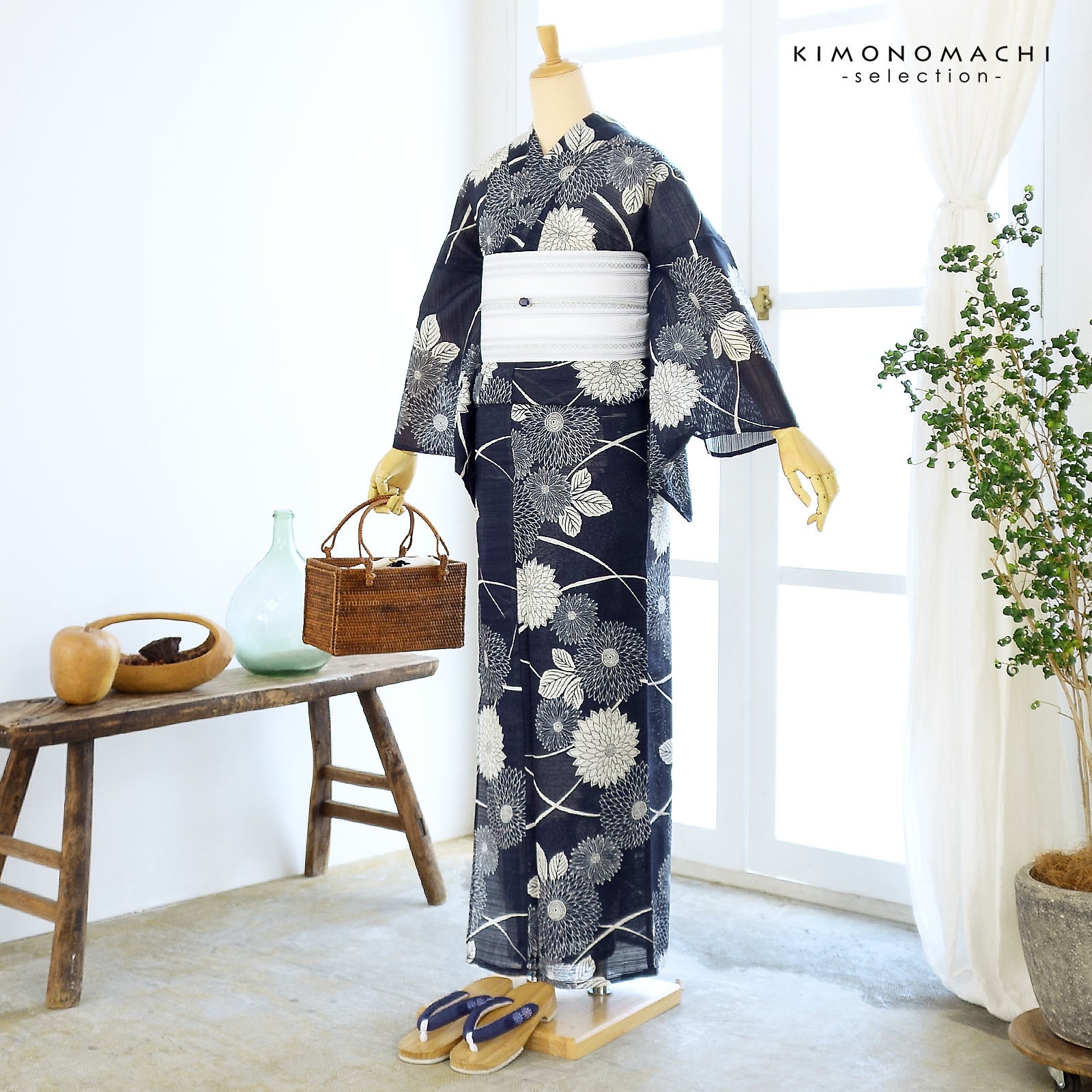 綿絽　浴衣　単衣の着物代わりにも 浴衣 レディース 単品 お仕立て上がり浴衣 綿絽浴衣「流れ菊 濃紺