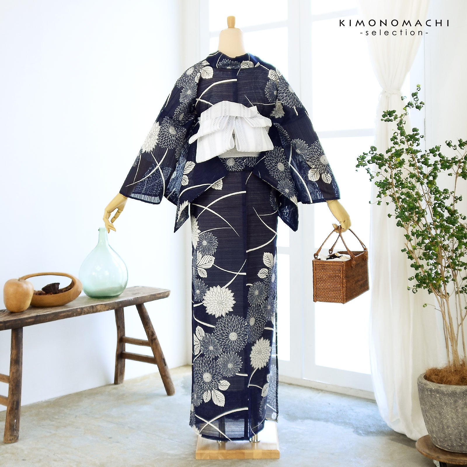 浴衣 レディース 単品 お仕立て上がり浴衣 綿絽浴衣「流れ菊 濃紺