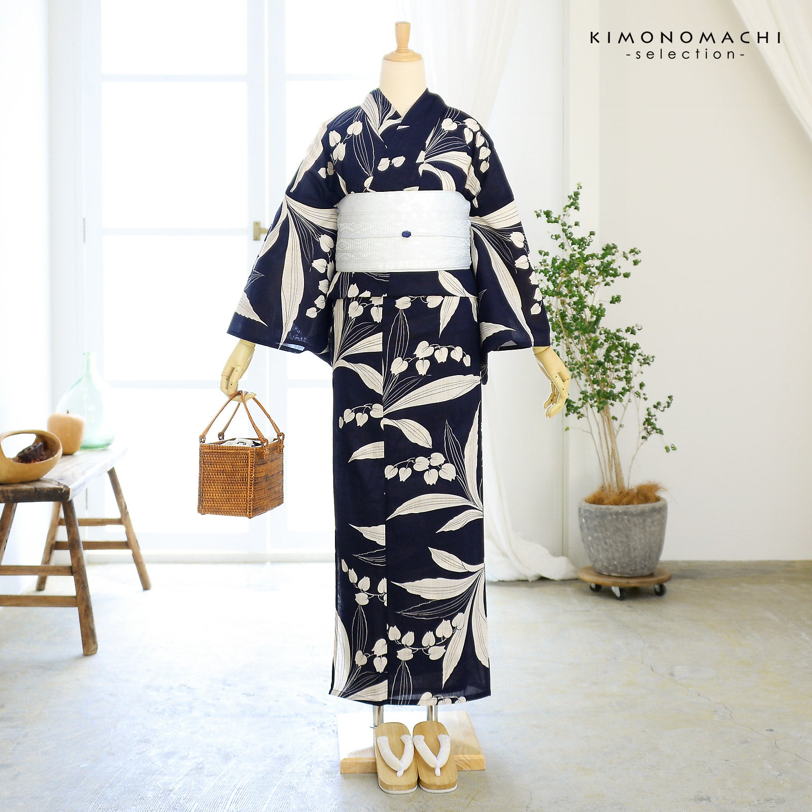浴衣 レディース 女性浴衣単品「花子倶楽部：スズラン 紺」Fサイズ 綿