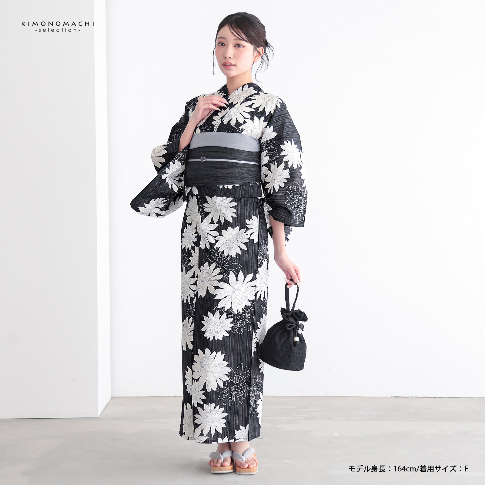 浴衣 レディース 女性浴衣単品「墨黒 菊」Fサイズ 綿浴衣 プレタ浴衣