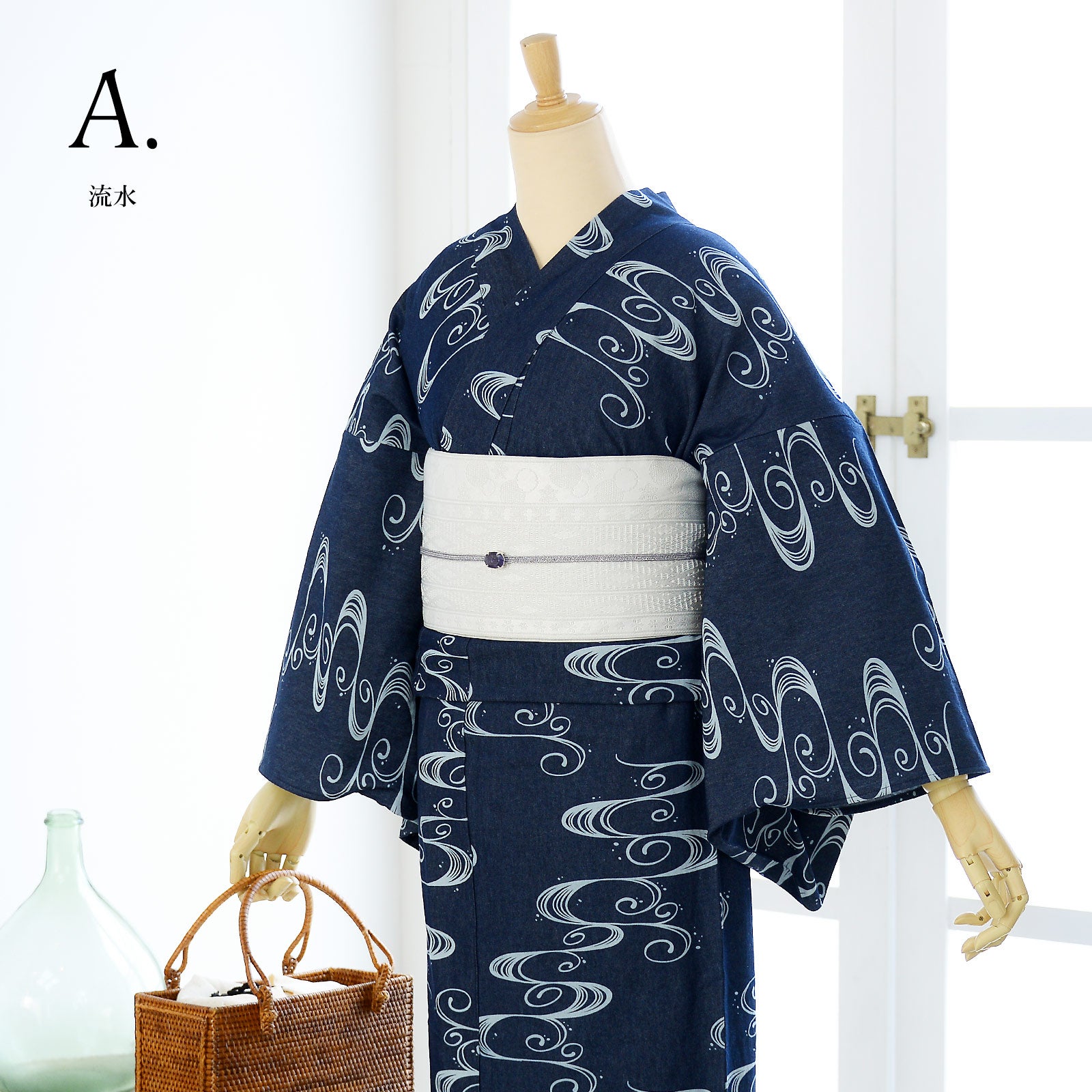 浴衣 レディース 女性 デニム浴衣 単品「シンプルライフ：流水・麻の葉