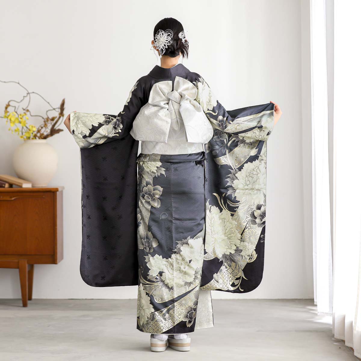 未仕立て 振袖 22点セット「グレー 牡丹に熨斗」仮絵羽 振り袖 正絹