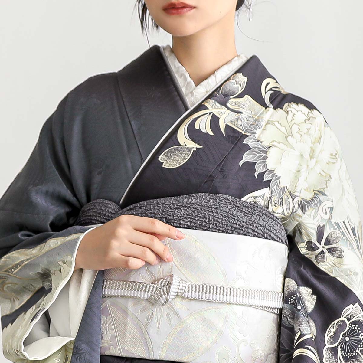未仕立て 振袖 22点セット「グレー 牡丹に熨斗」仮絵羽 振り袖 正絹