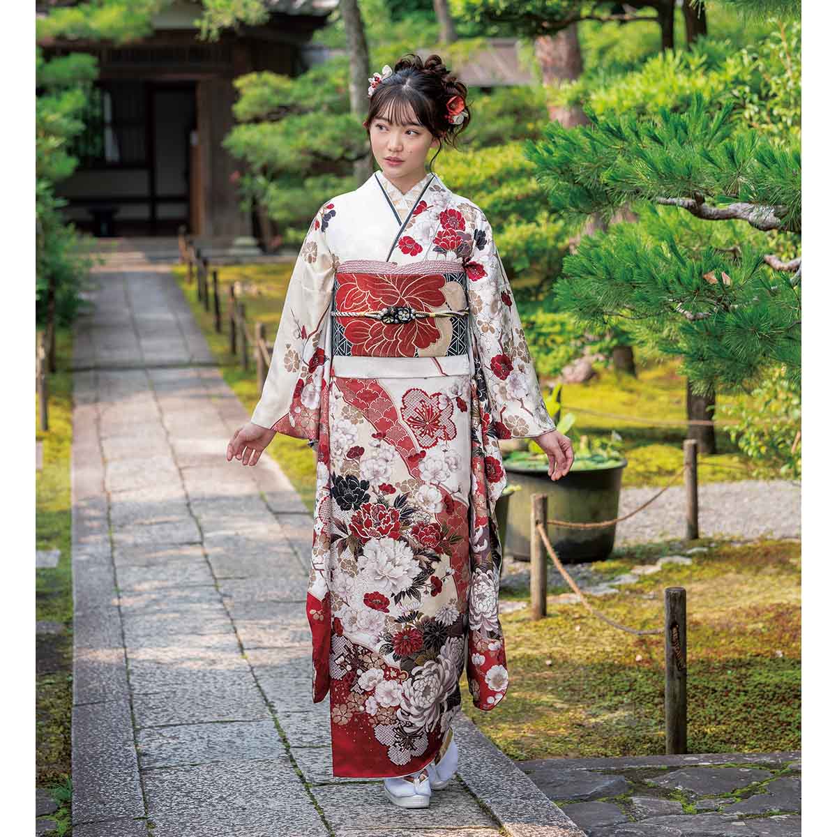 未仕立て 振袖 22点セット「SACRA 白 牡丹に桜 雪輪」仮絵羽 振り袖